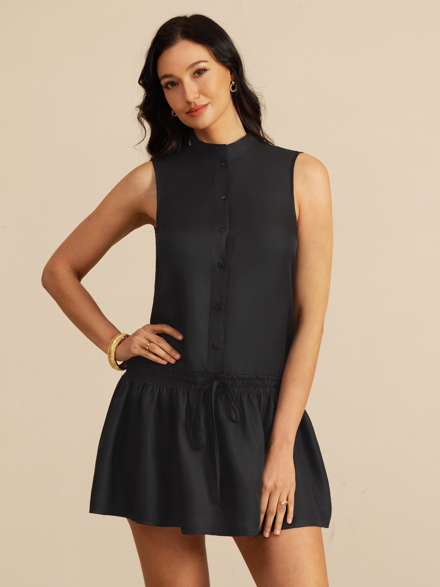 [Negro] SilkSilky-ES 18Momme Sin mangas Cuello Alto Vestido 001