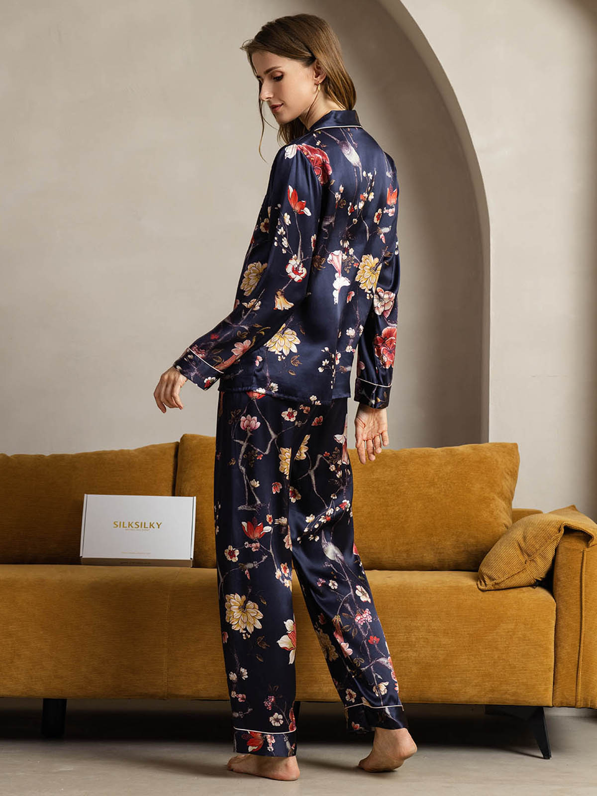 [Floral Azul Marino] SilkSilky-ES Seda Pura Womens Pajamas 002