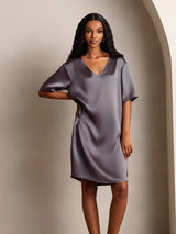 [Gris Púrpura] SilkSilky-ES Half Sleeve V Neck Camisón 005