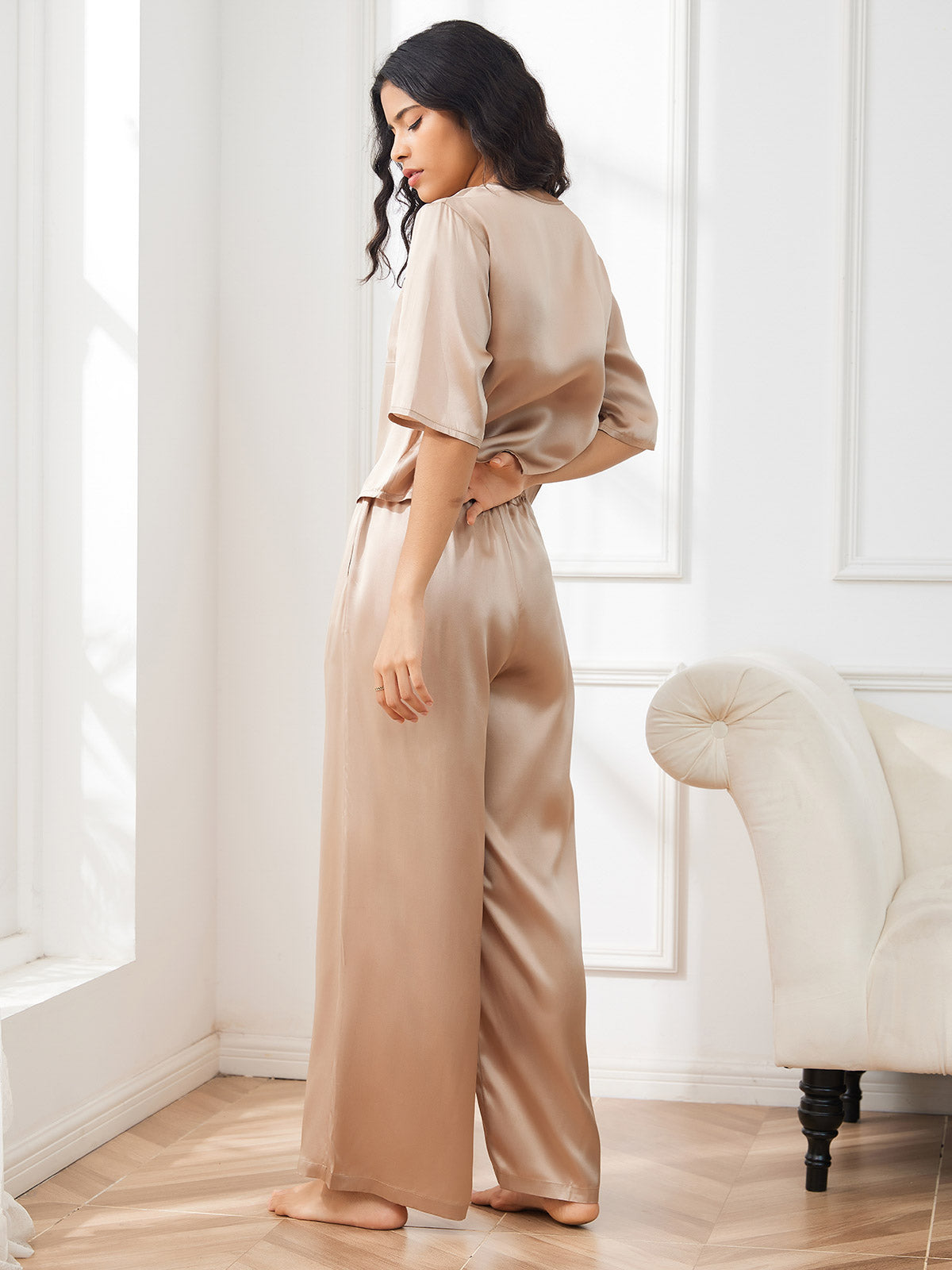 [Champán] SilkSilky-ES A metà Cuello Redondo Pijamas de mujer 002