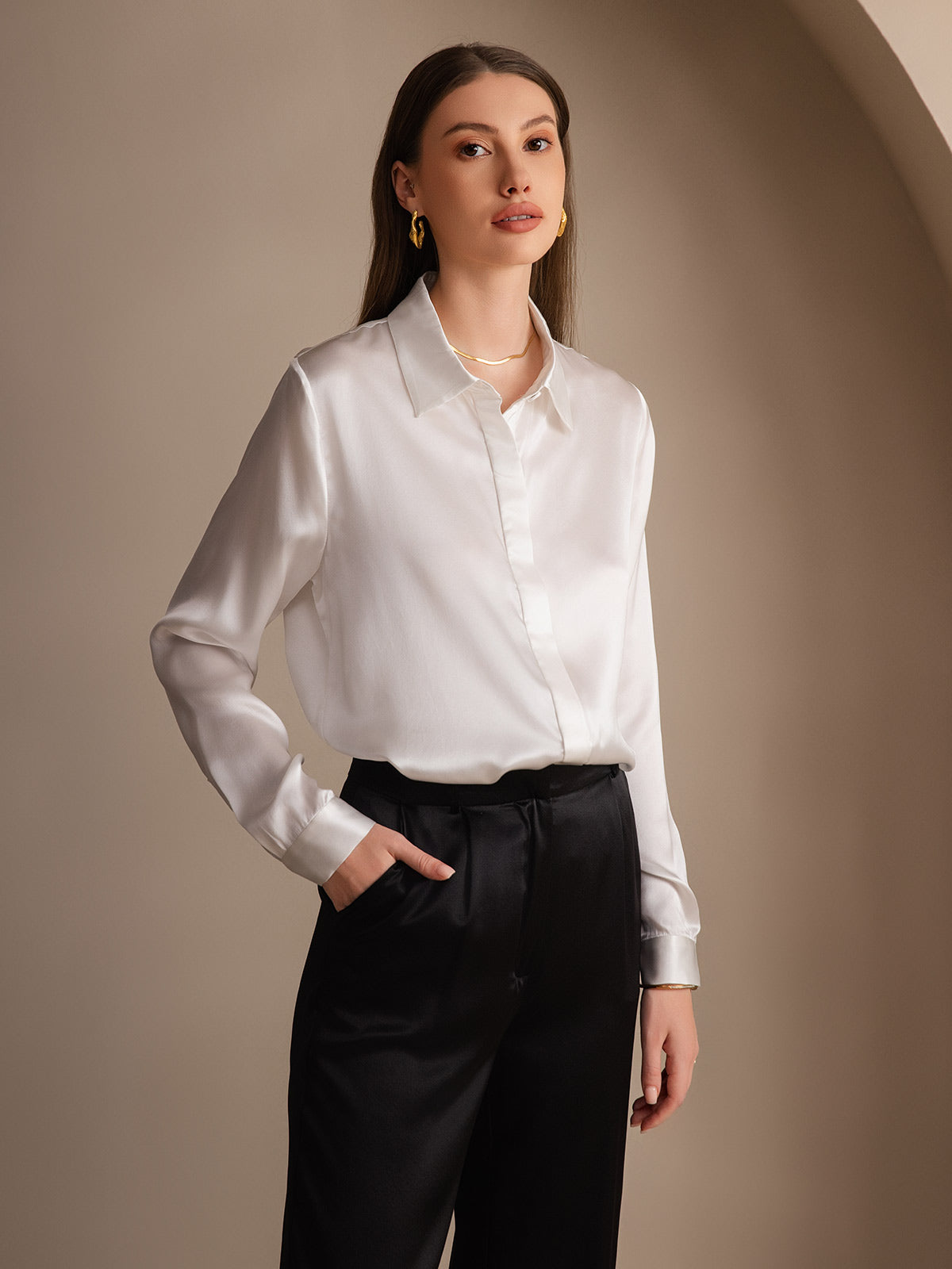 [Blanco] SilkSilky-ES 19Momme Seda Cuello Camisero Blusas de Mujer 003