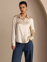 [Beige Arroz] SilkSilky-ES Long Sleeve Lapel Collar Blusas de Mujer 001