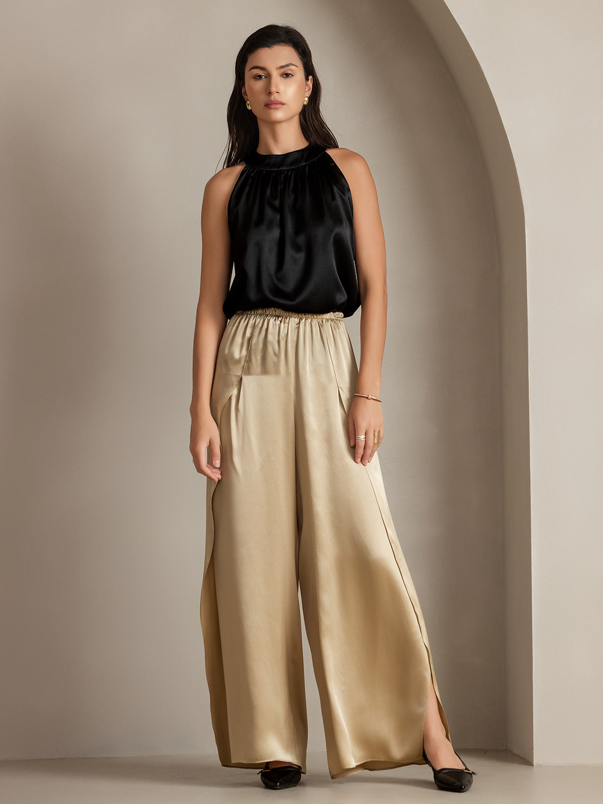 [Champán] SilkSilky-ES 19Momme Seda Split Pantalones de mujer 013