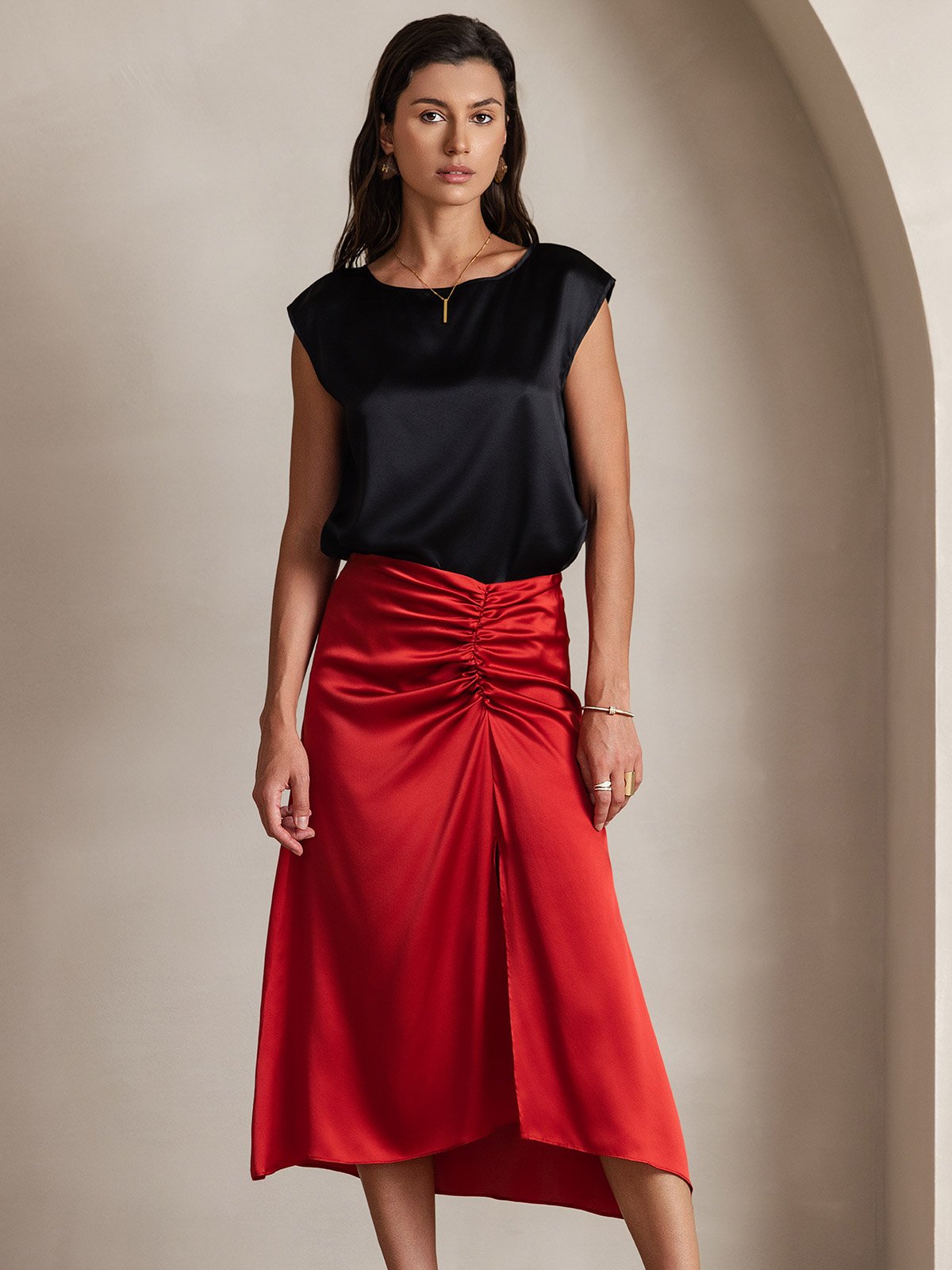 [Negro] SilkSilky-ES 19Momme Seda Womens T-Shirt 003