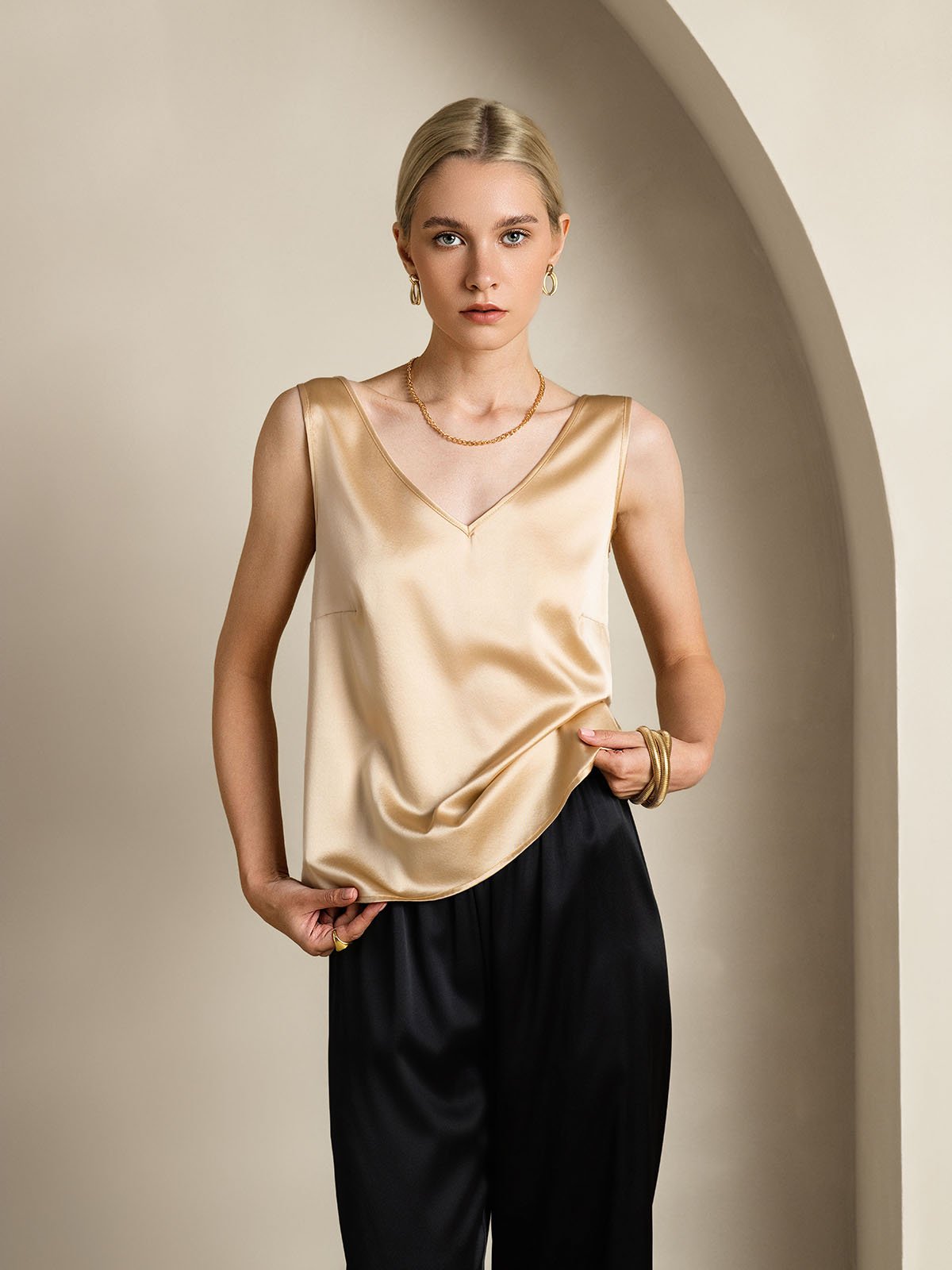 [Champán] SilkSilky-ES 19Momme Seda Cuello en V Top de tirantes 004