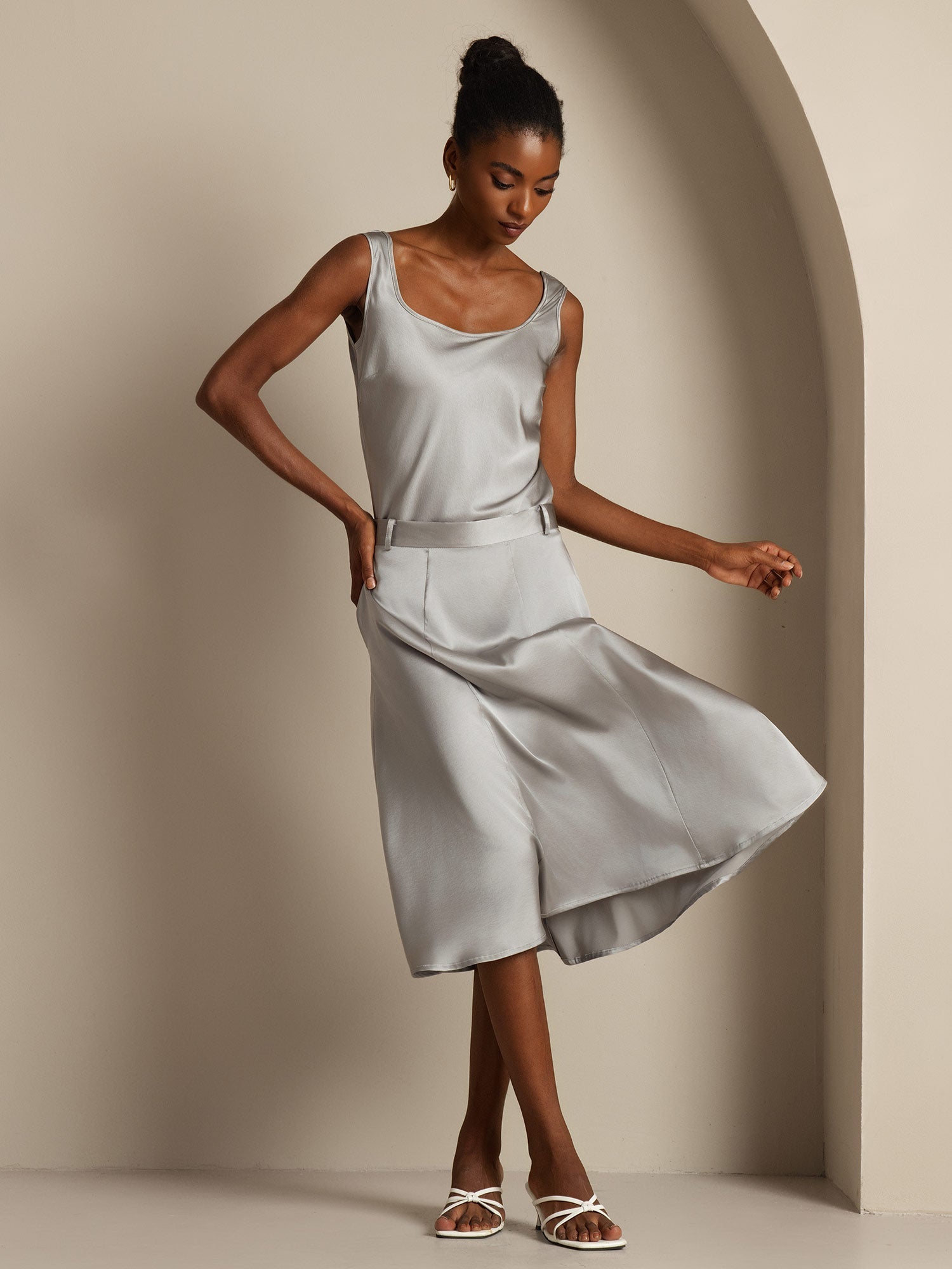 [Gris Griffin] SilkSilky-ES 19Momme Seda Cuello en U Top de tirantes 006,