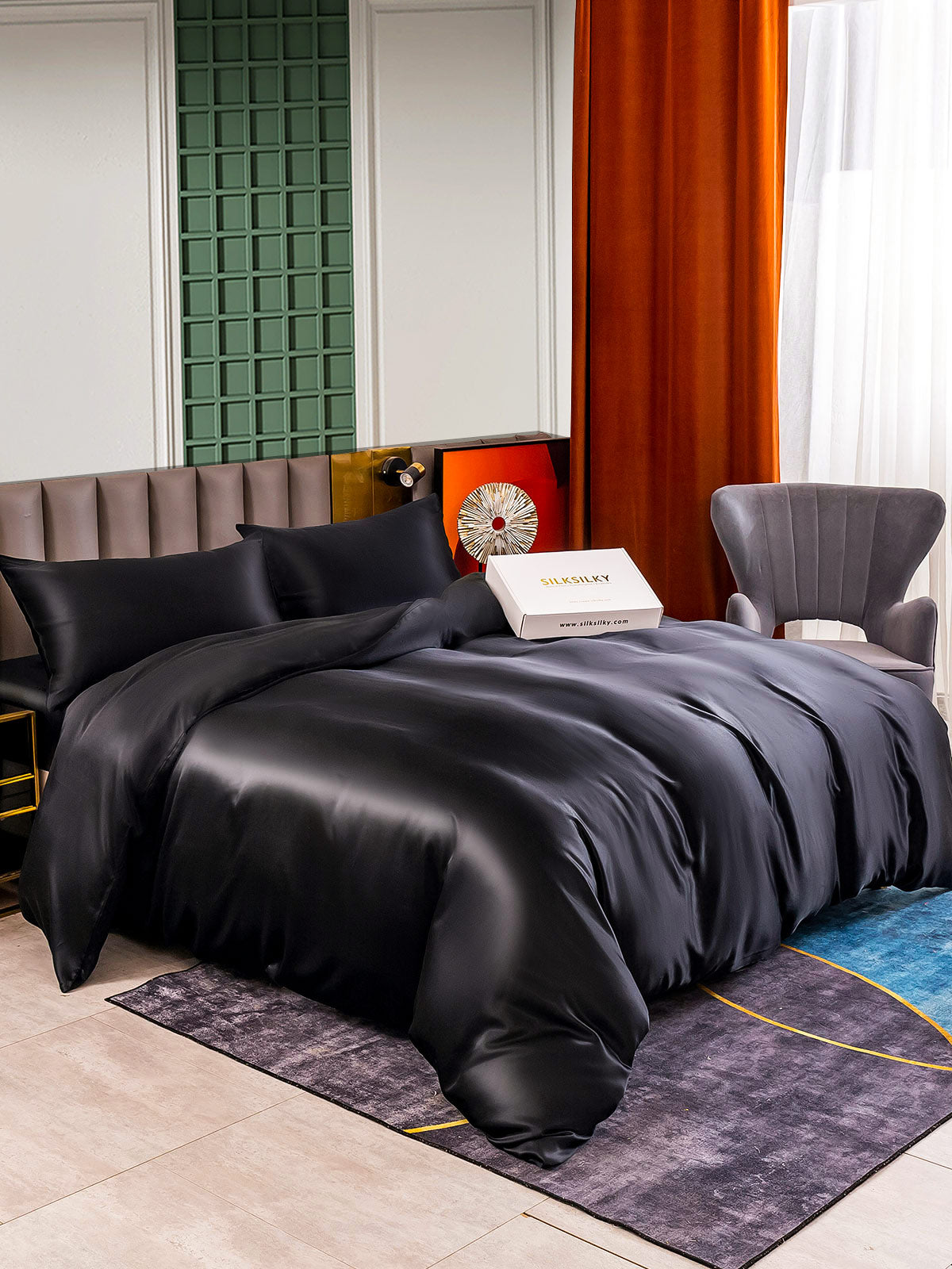 [Negro] SilkSilky-ES 25Momme Seda Pura Bedding Set 002