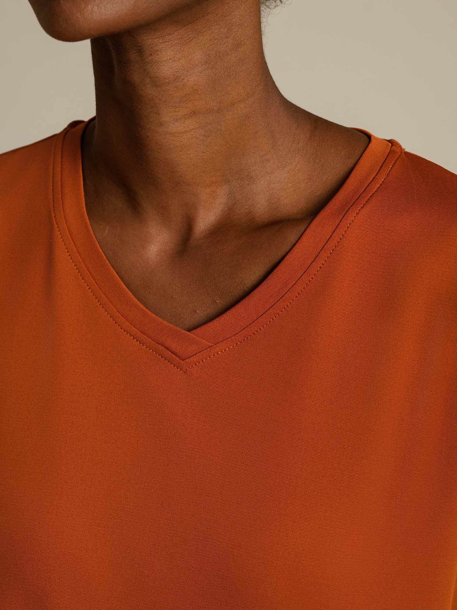 [Naranja] SilkSilky-ES Seda Pura Cuello en V Camisetas de Mujer 004