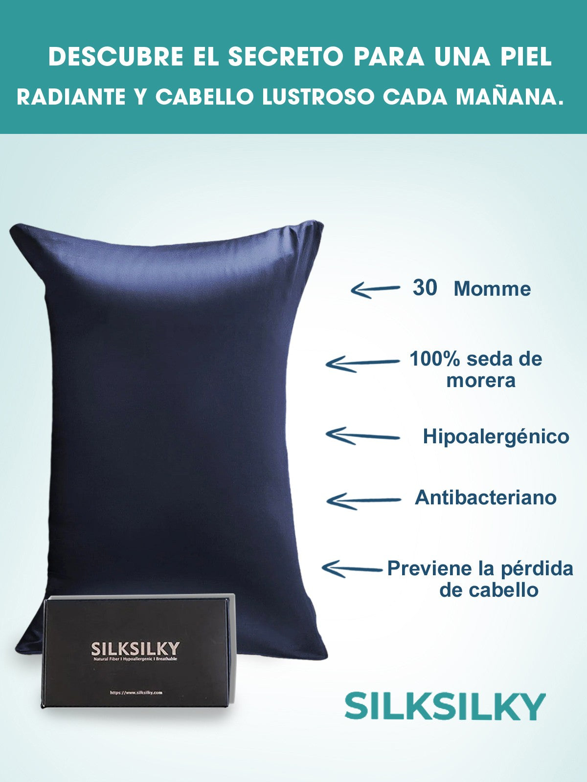 SilkSilky ES 30Momme Seda Pura Pillowcase AzulOscuro 002