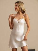 [Blanco] SilkSilky-ES Spaghetti Strap V Neck Camisón 006