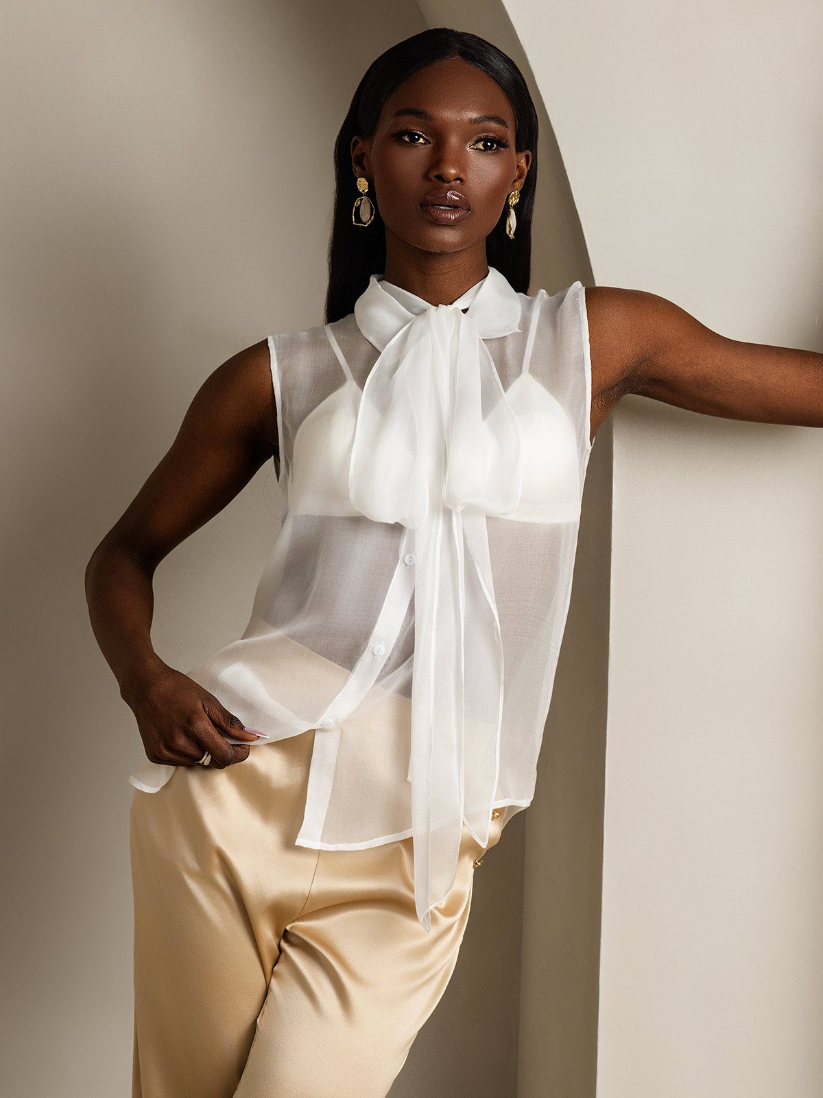 SilkSilky-ES Seda Pura Sin mangas Corbata Blusas de Mujer Blanco 005