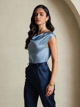 [Azul Grisáceo] SilkSilky-ES Cap Sleeve Cowl Neck Camisetas de Mujer 004