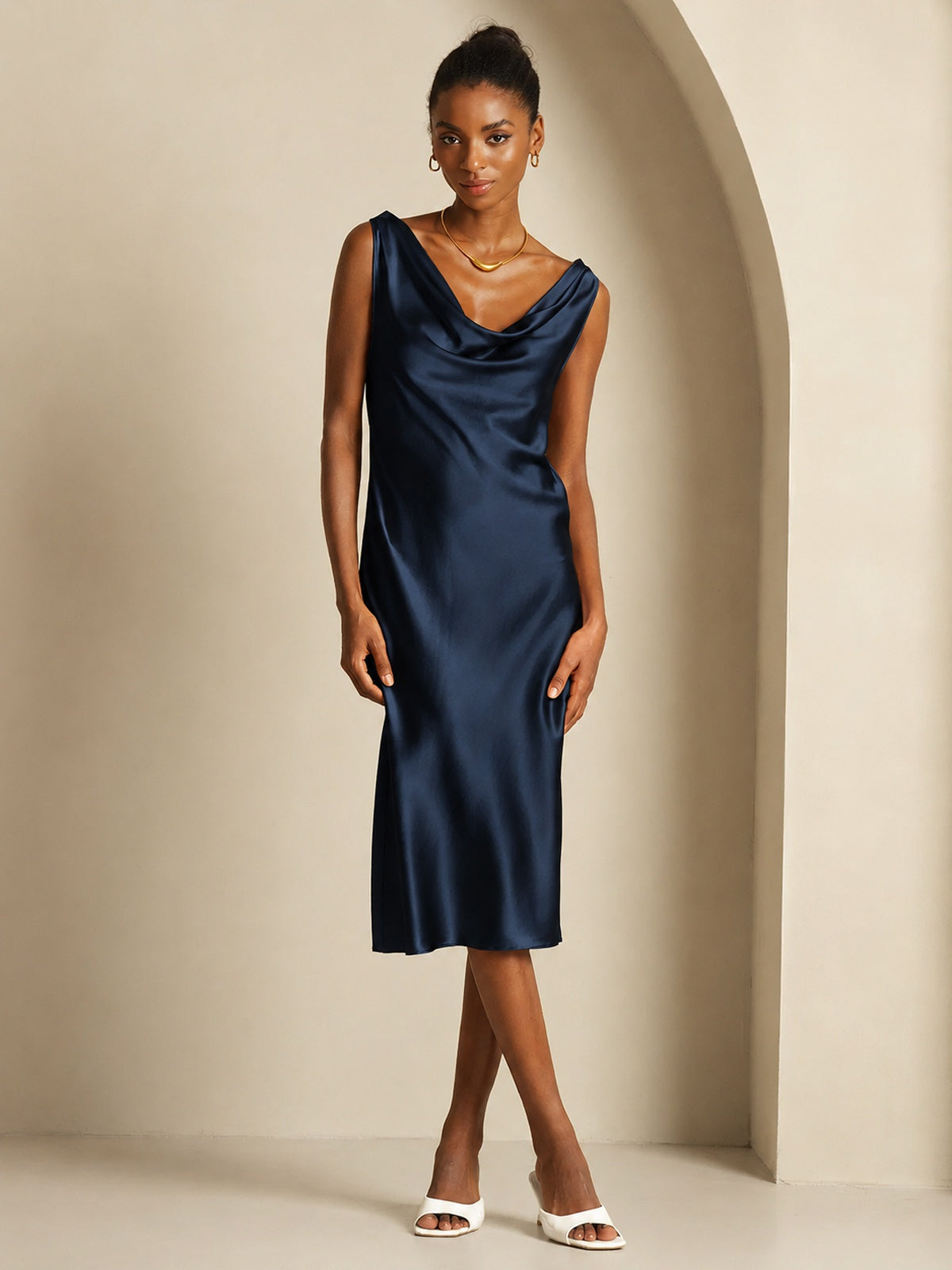 [Azul Oscuro] SilkSilky-ES Sleeveless Cowl Neck Vestido 001
