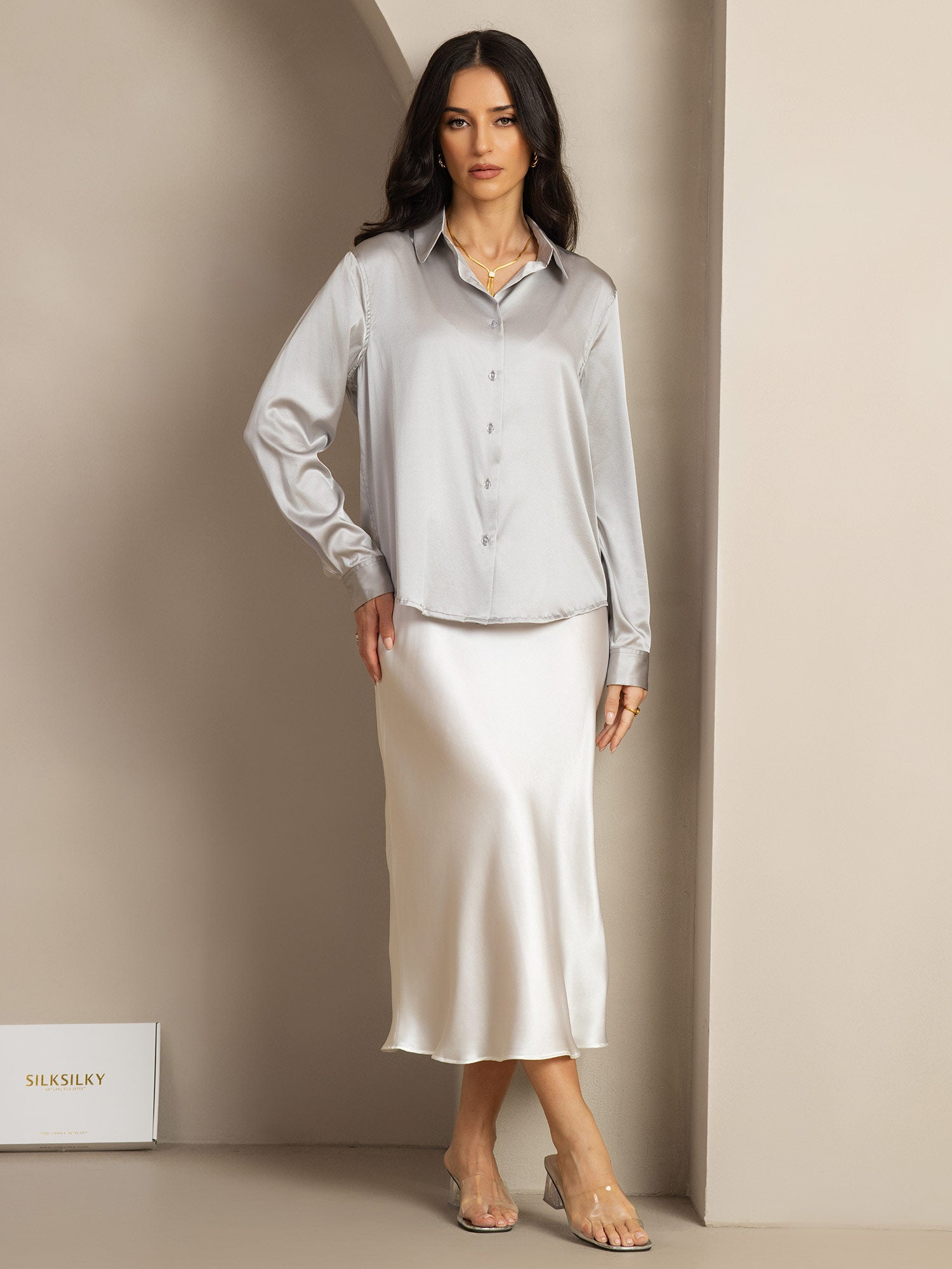 [Gris Claro] SilkSilky-ES Seda Cuello Camisero Blusas de Mujer 004