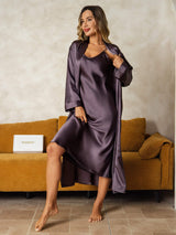 [Gris Púrpura] SilkSilky-ES Long Sleeve V Neck Conjunto de camisón y bata 009