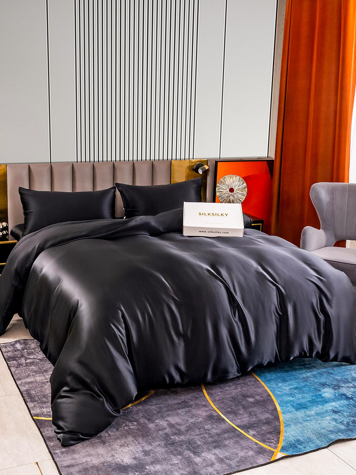[Negro] SilkSilky-ES 22Momme Seda Pura Bedding Set 002