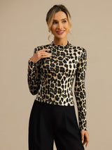 [Leopardo] SilkSilky-ES Manga larga Cuello Simulacro Camisetas de Mujer 003