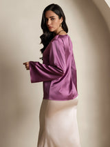 [Morado Oscuro] SilkSilky-ES Long Sleeve Boat Neck Blusa 002