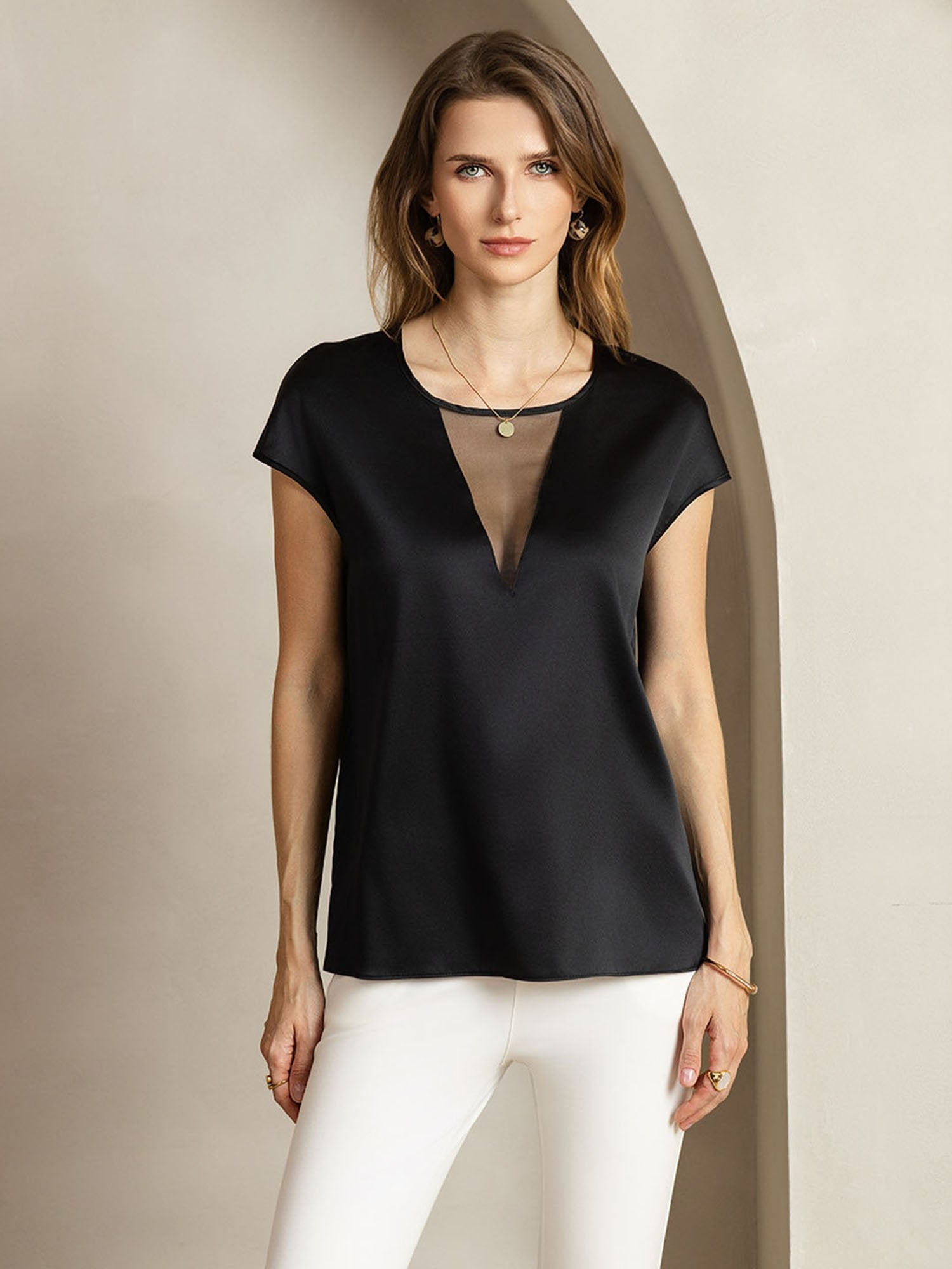 [Negro] SilkSilky-ES 19Momme Seda Halter Neck Camisetas de Mujer 001