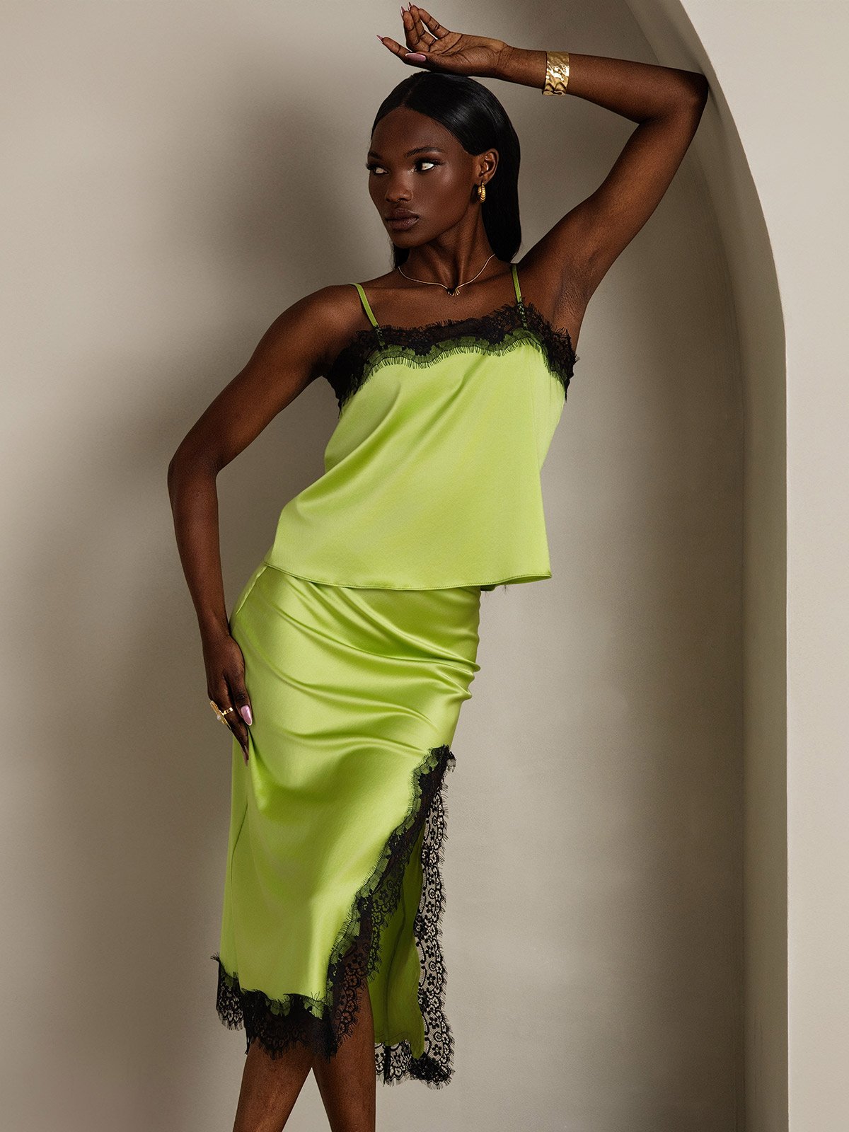 [Menta Verde] SilkSilky-ES 19Momme Seda Split Falda 005