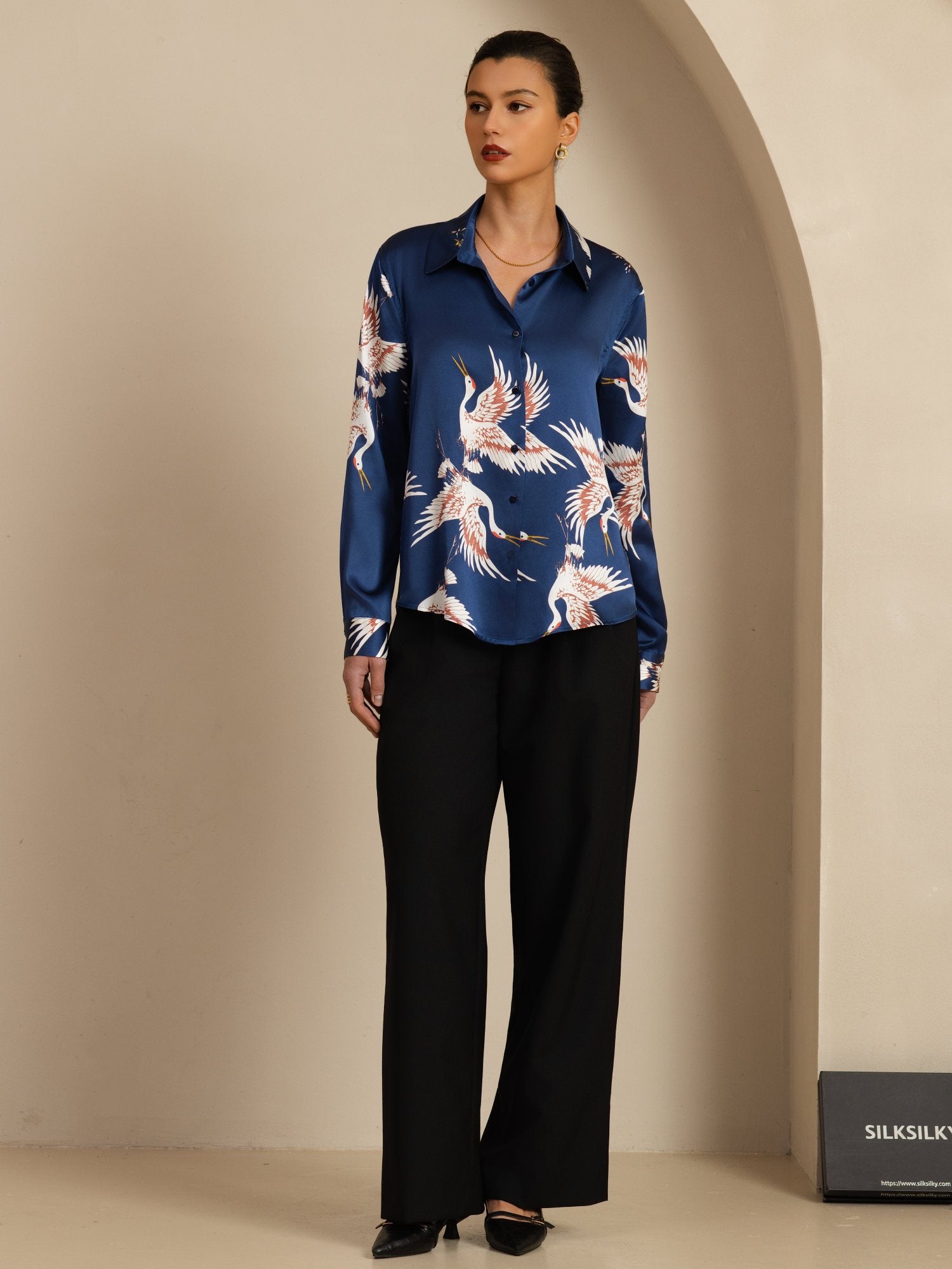 [Azul Oscuro] SilkSilky-ES 19Momme Manga larga Cuello con Solapa Blusas de Mujer 008