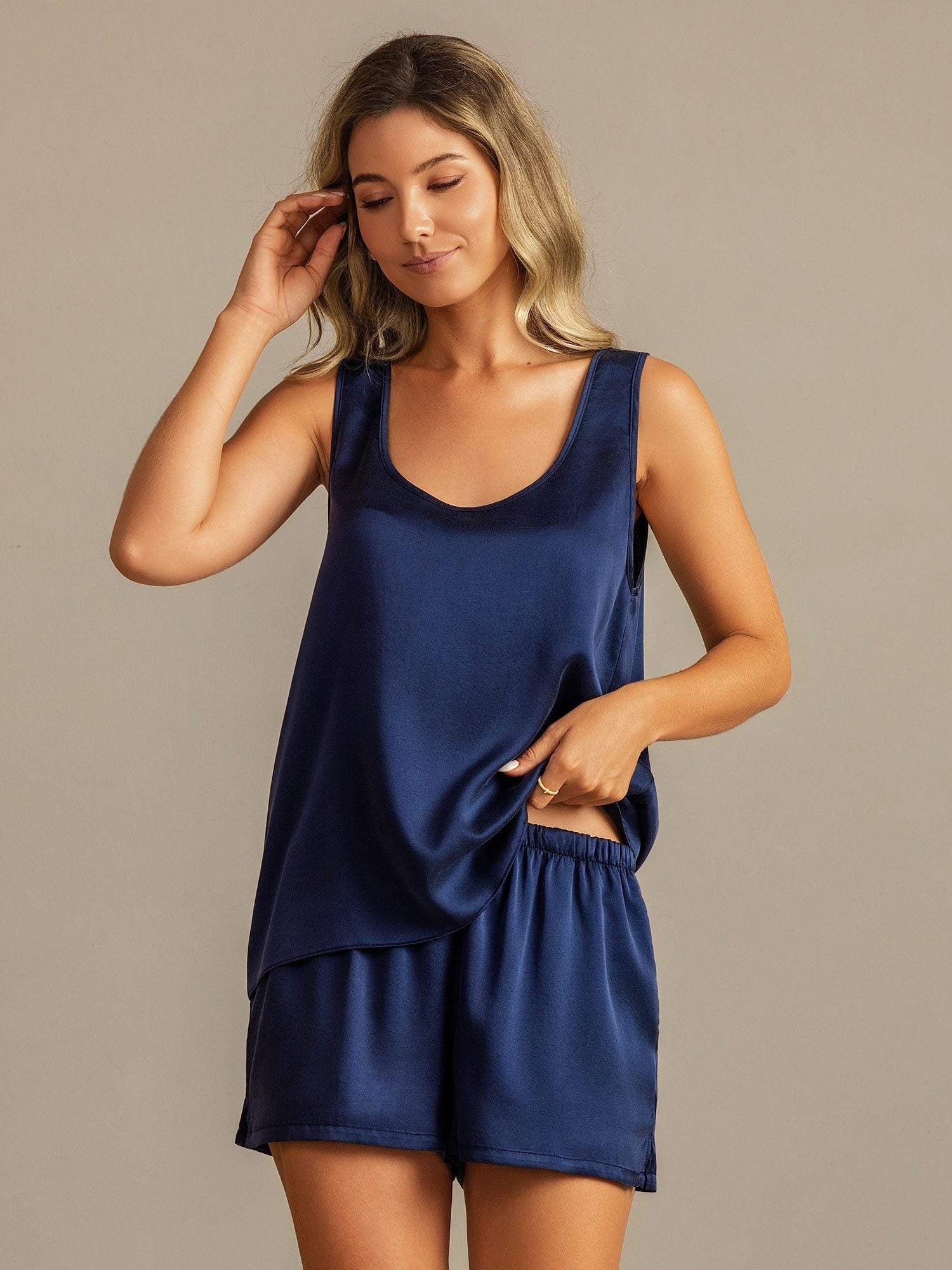 [Azul Oscuro] SilkSilky-ES 19Momme Seda Cuello en U Pijamas de mujer 007