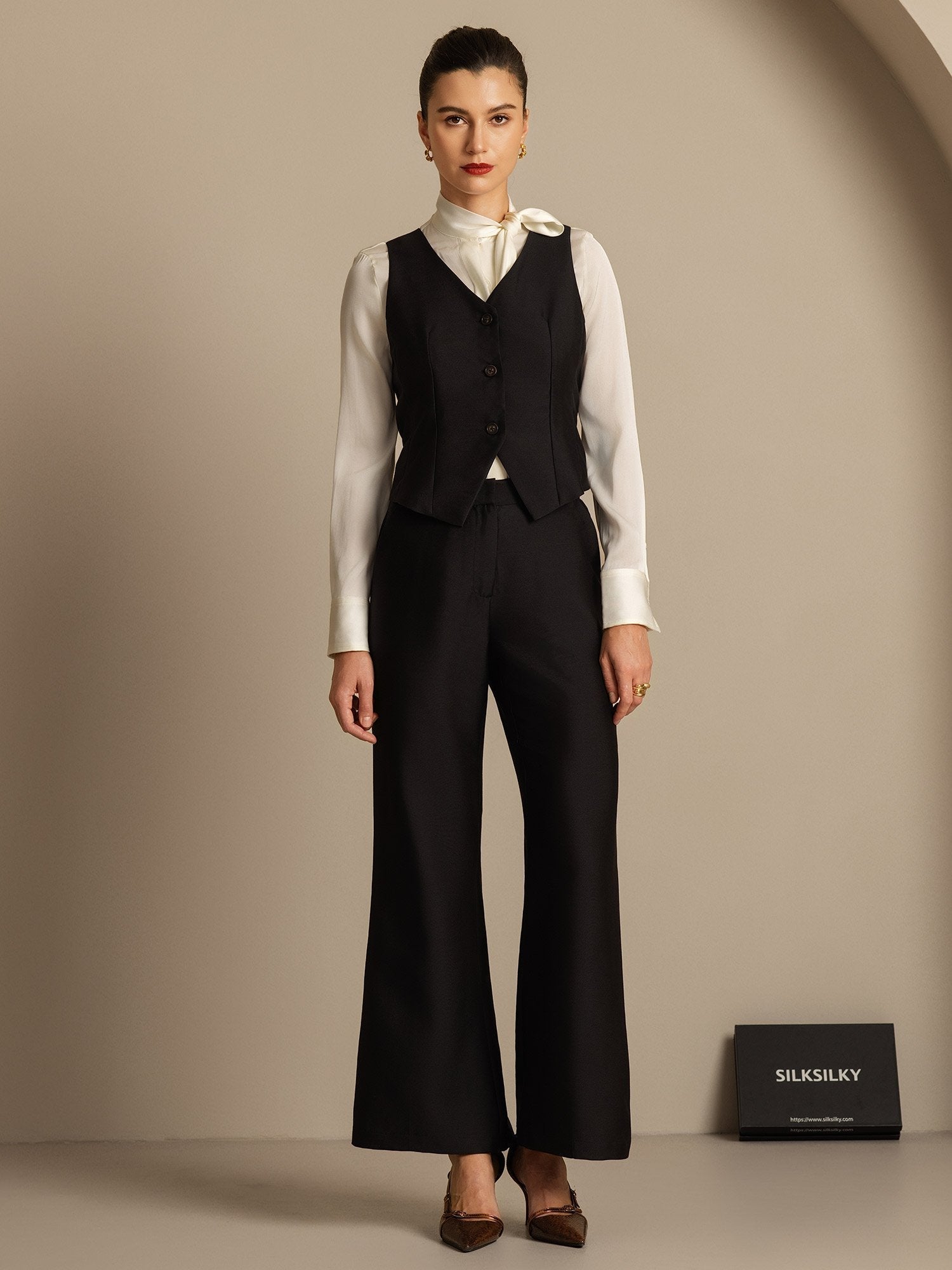 [Negro] SilkSilky-ES 32Momme Silk-Wool Blend Cuello en V Chaleco Mujer 003,