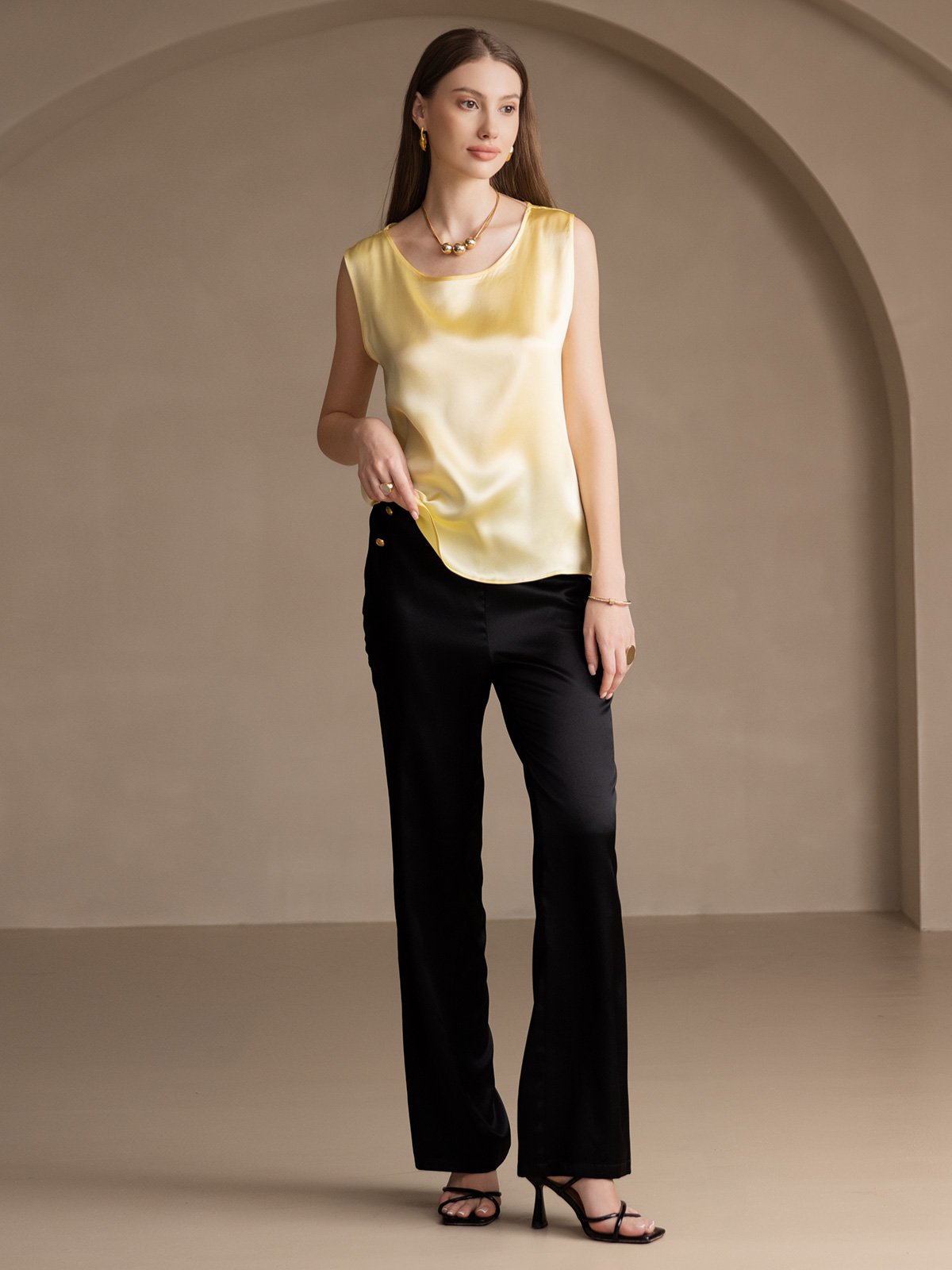 [Amarillo Claro] SilkSilky-ES 19Momme Seda Camisoles 006