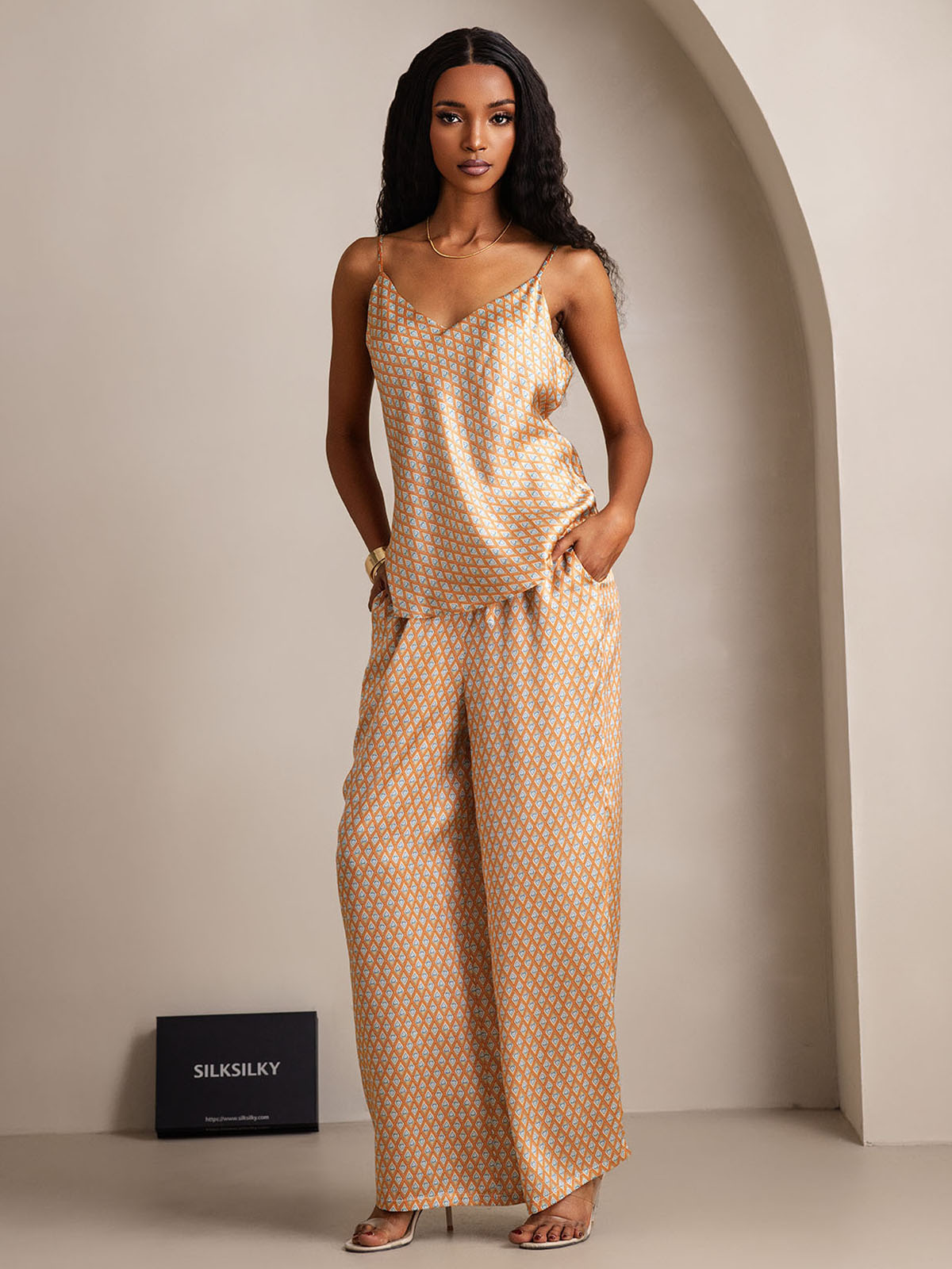 [Floral] SilkSilky-ES Seda Pura Cuello en V Conjunto de tirantes 006