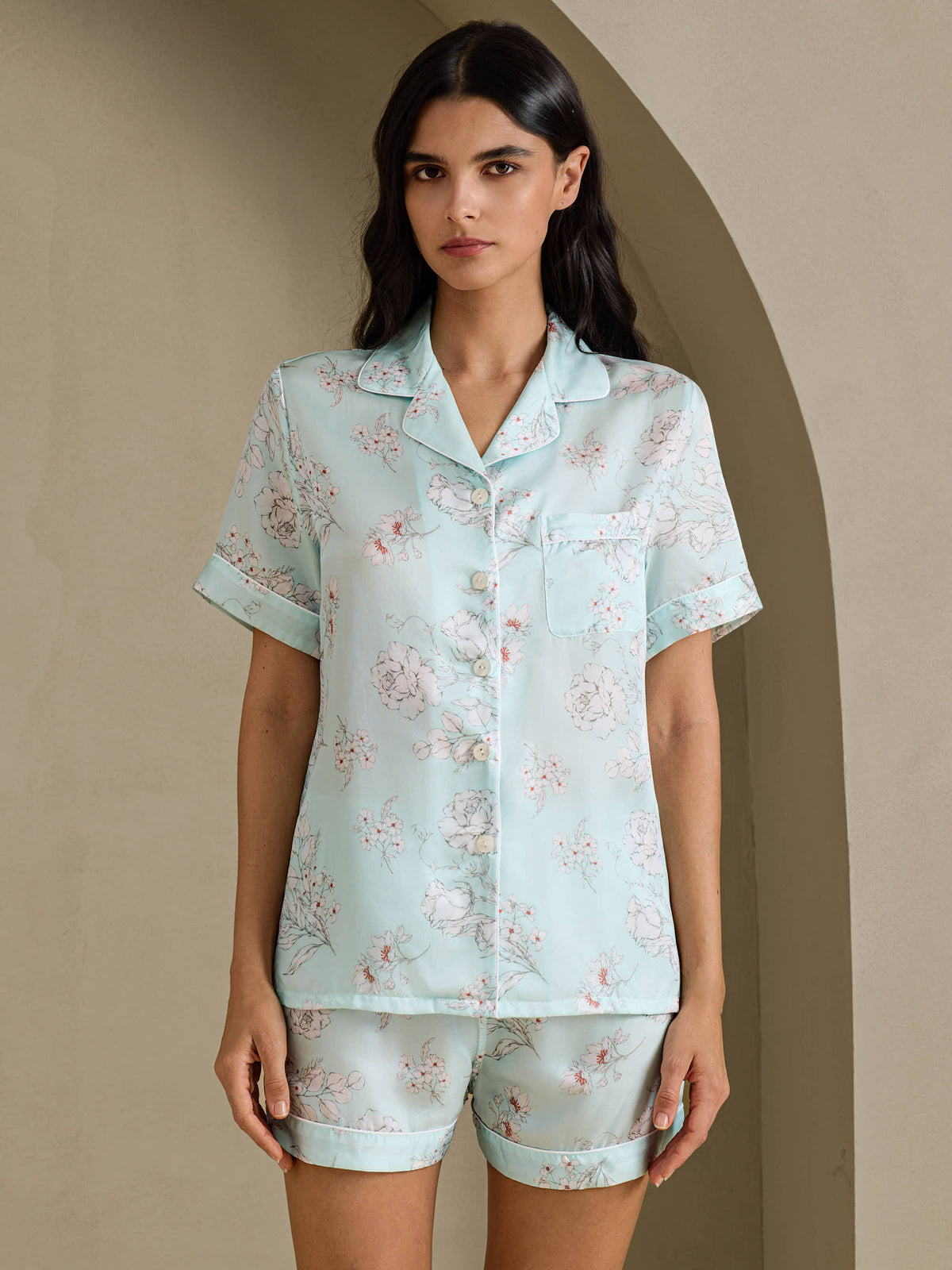 [Flores Celestes] SilkSilky-ES Short Sleeve Notch Collar Pijamas de mujer 001