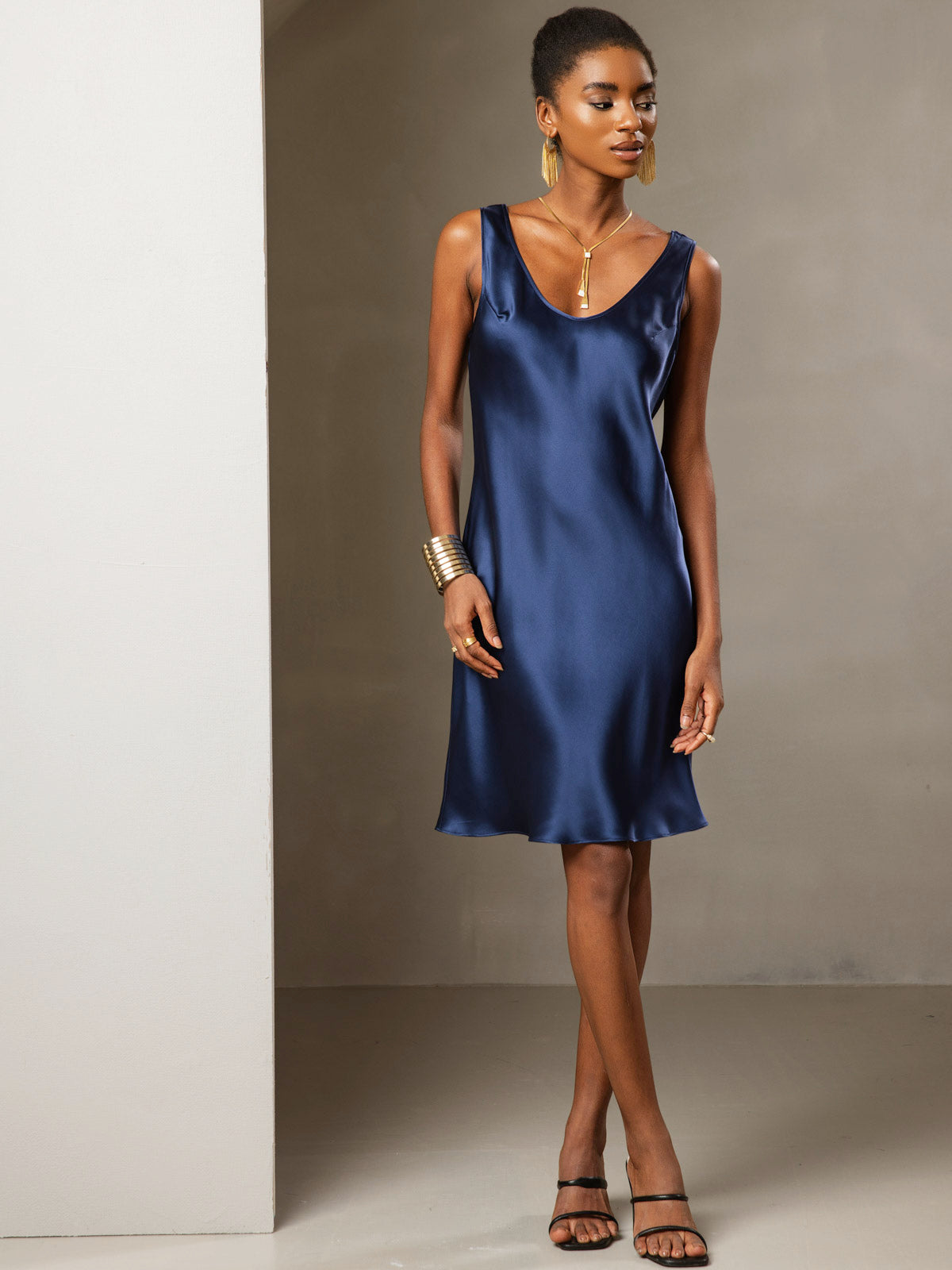 [Azul Oscuro] SilkSilky-ES Seda Pura Sin mangas Round Neck Vestido 005