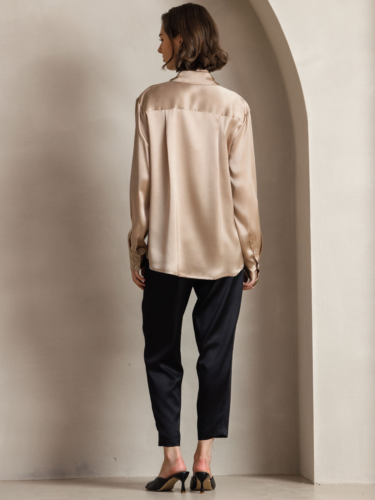 [Champán] SilkSilky-ES Seda Lapel Collar Blusas de Mujer 002