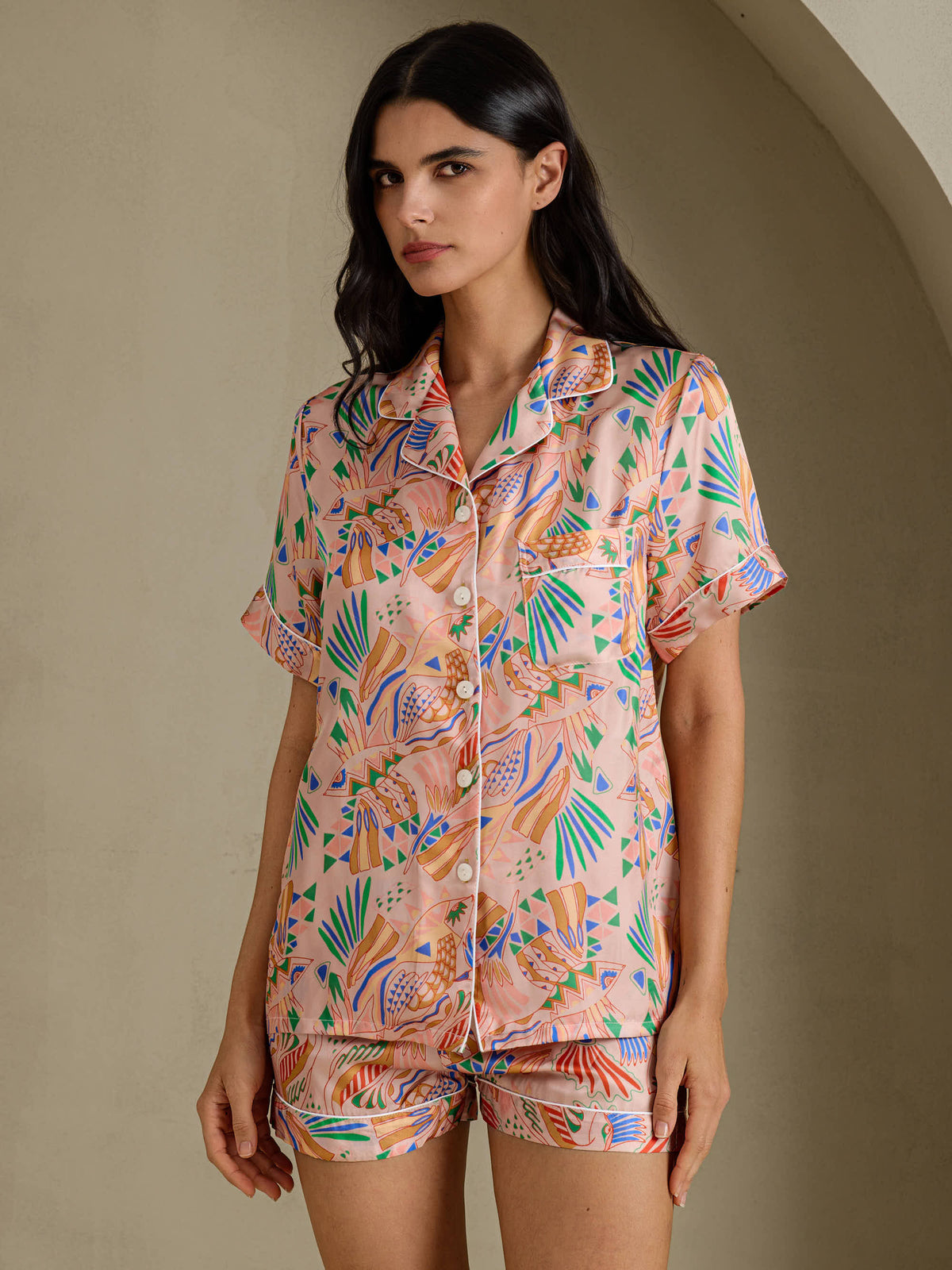 [Fauna Rosa] SilkSilky-ES Short Sleeve Notch Collar Pijamas de mujer 001