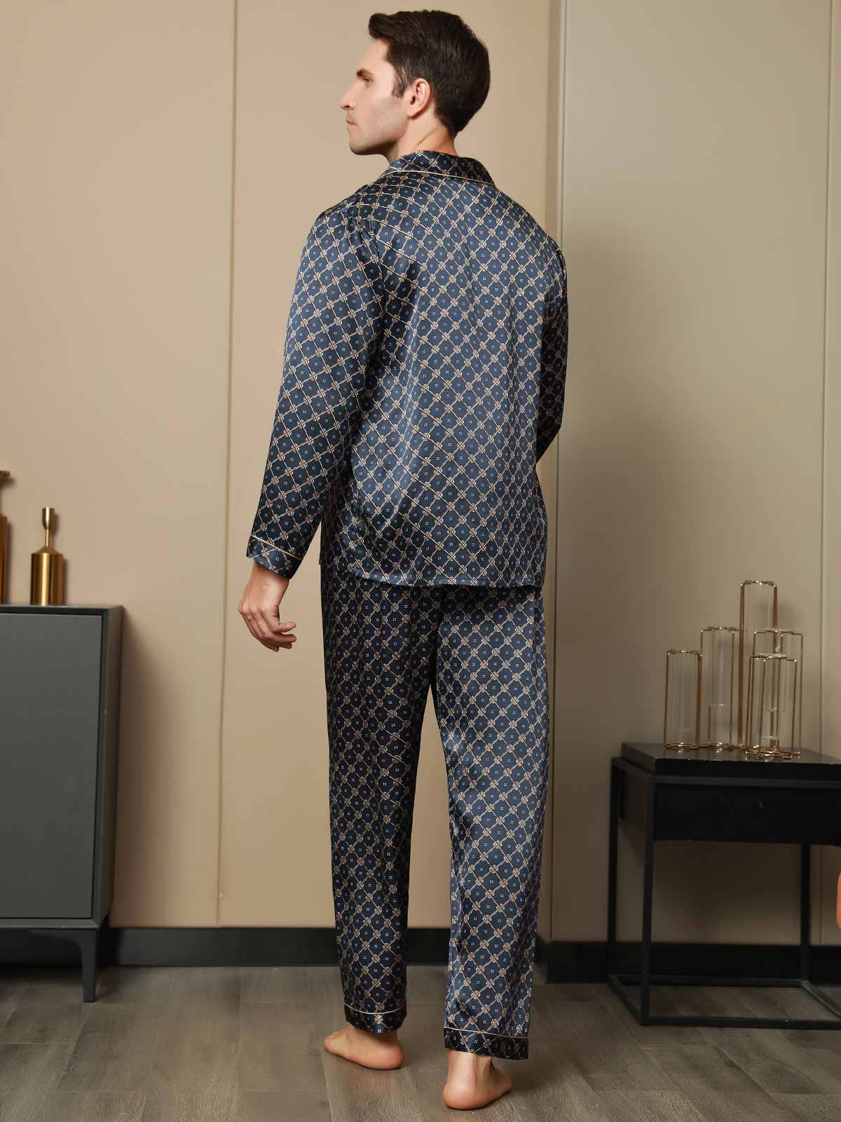 [Cadena Azul Marino] SilkSilky-ES Seda Pura Mens Pajamas 002