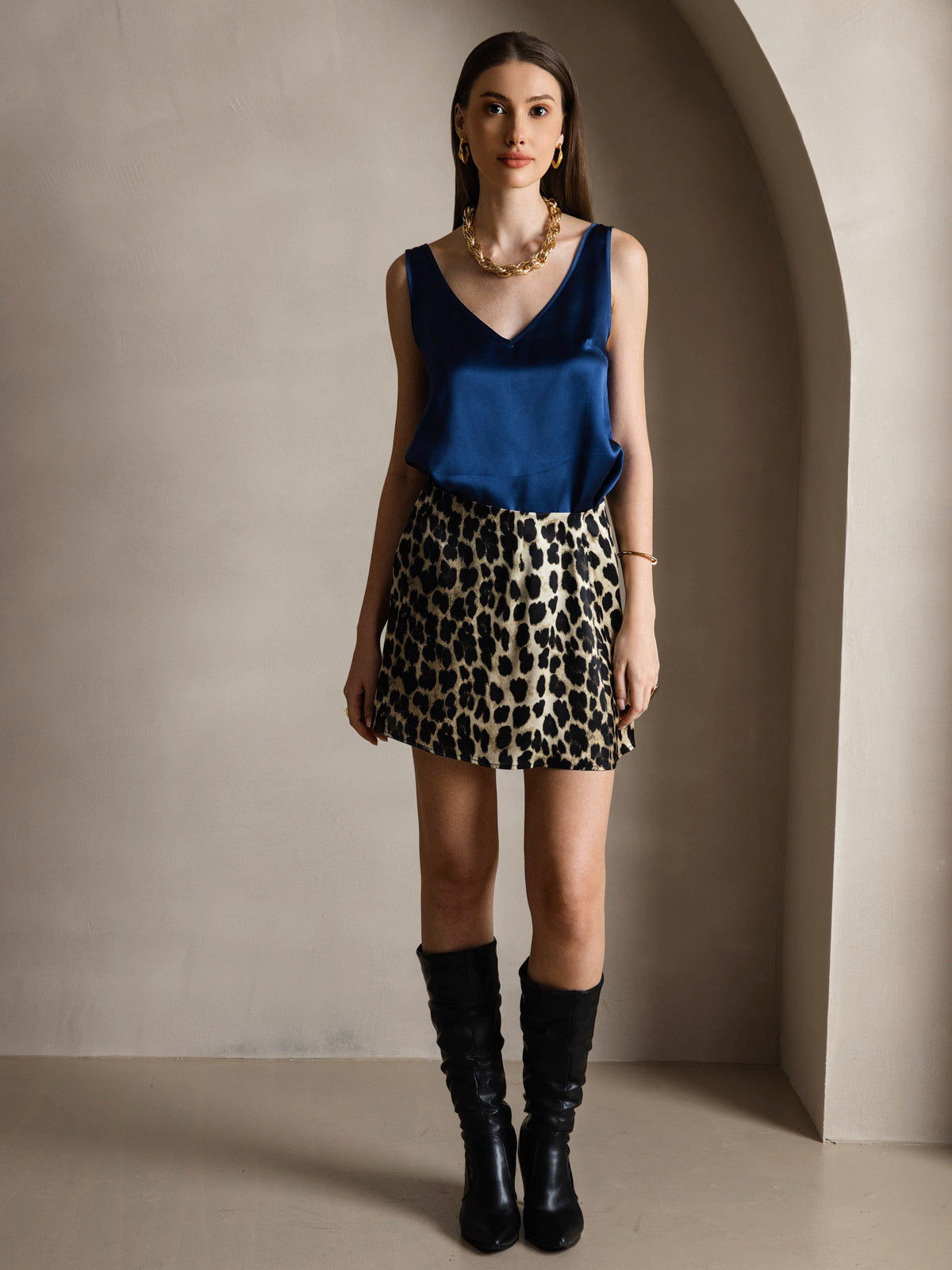 [Azul Oscuro] SilkSilky-ES 19Momme Sin mangas Cuello en V Top de tirantes 007