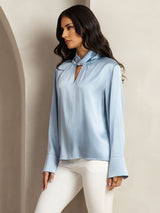 [Azul Grisáceo] SilkSilky-ES 19Momme Seda Escote lágrima Blusas de Mujer 002