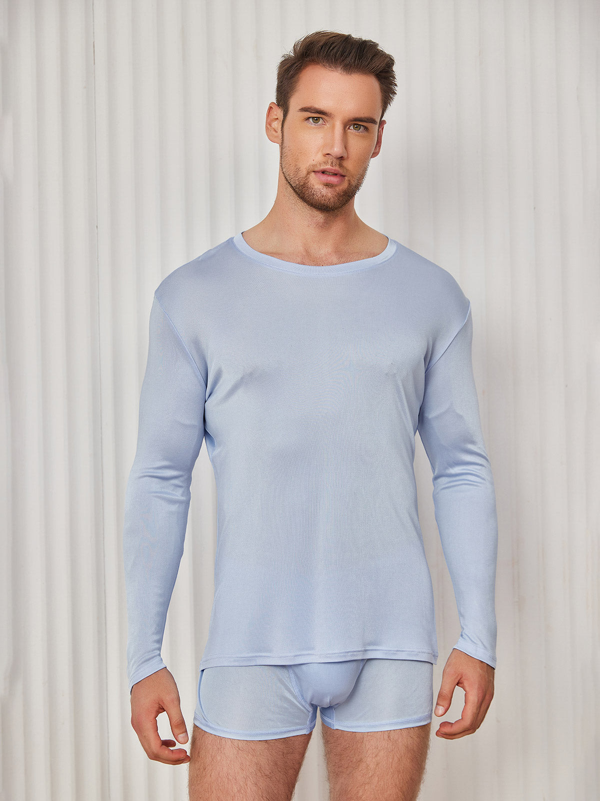 [Azul Claro] SilkSilky-ES Tejido de seda Mens T-Shirt 001