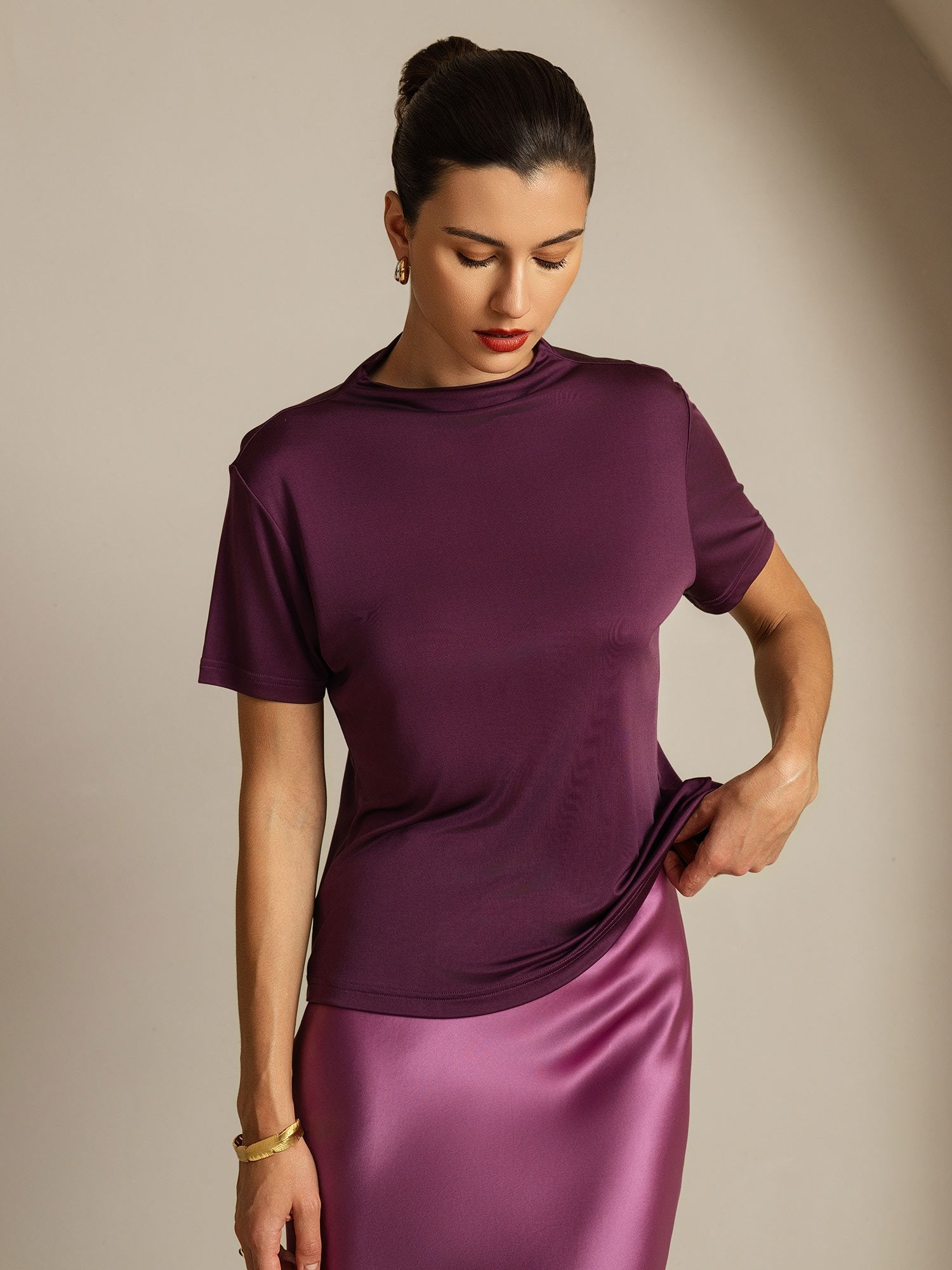 [Púrpura] SilkSilky-ES Seda Pura Cuello Camisero Camisetas de Mujer 006