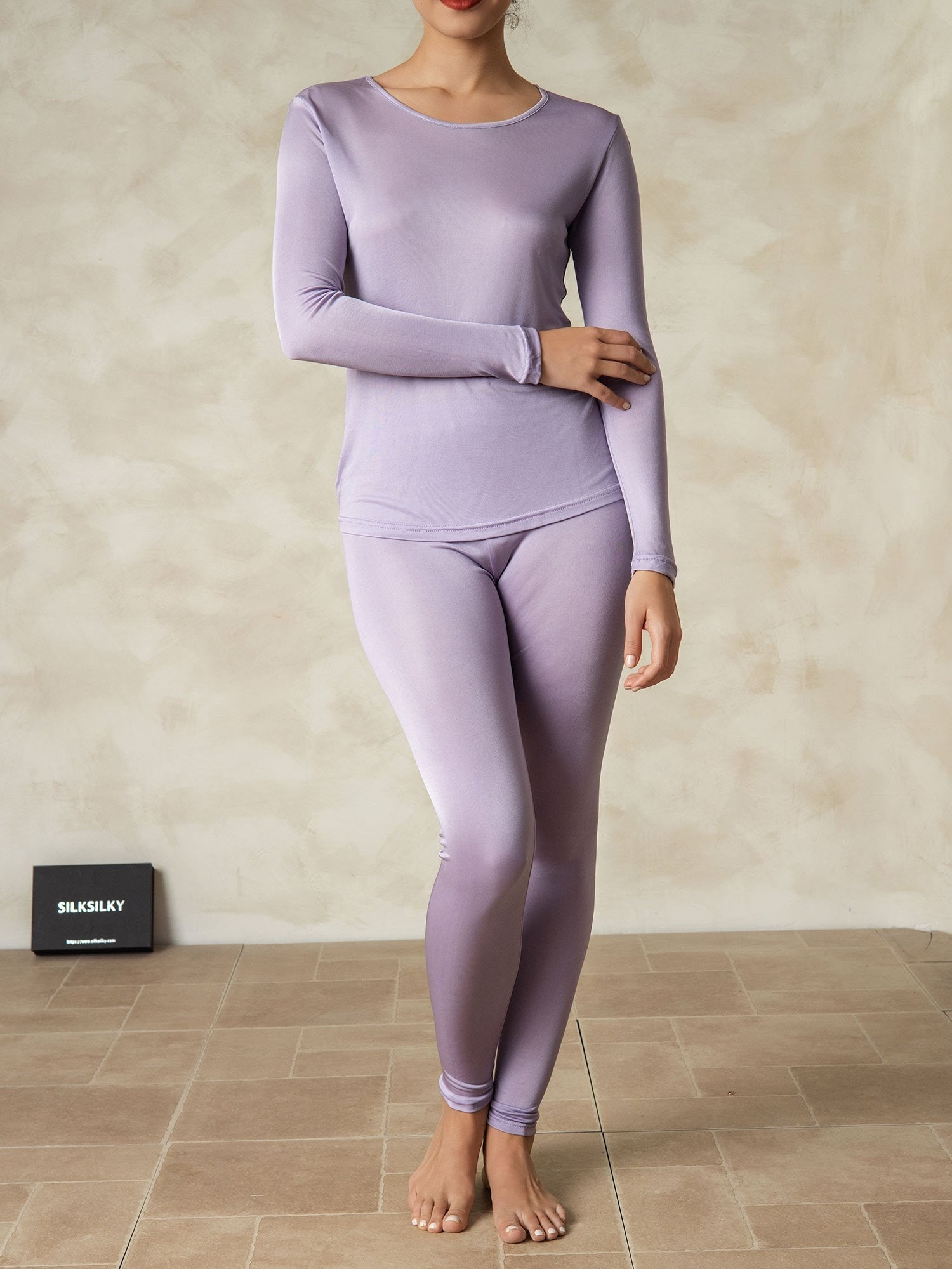 [Púrpura] SilkSilky-ES Manga larga Cuello Redondo Ropa Interior Larga Mujer 001