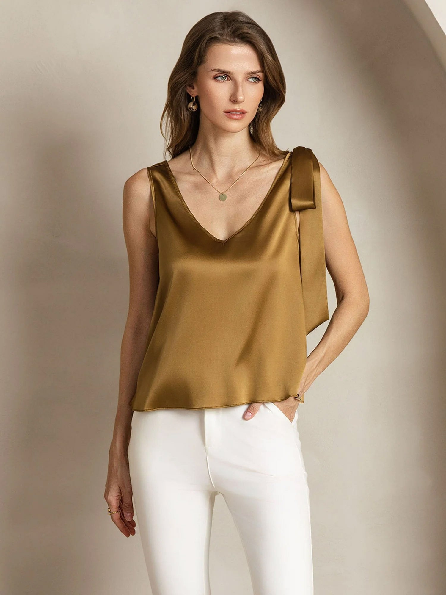 [Bronce] SilkSilky-ES 19Momme Seda Cuello en V Camisetas de Mujer 006