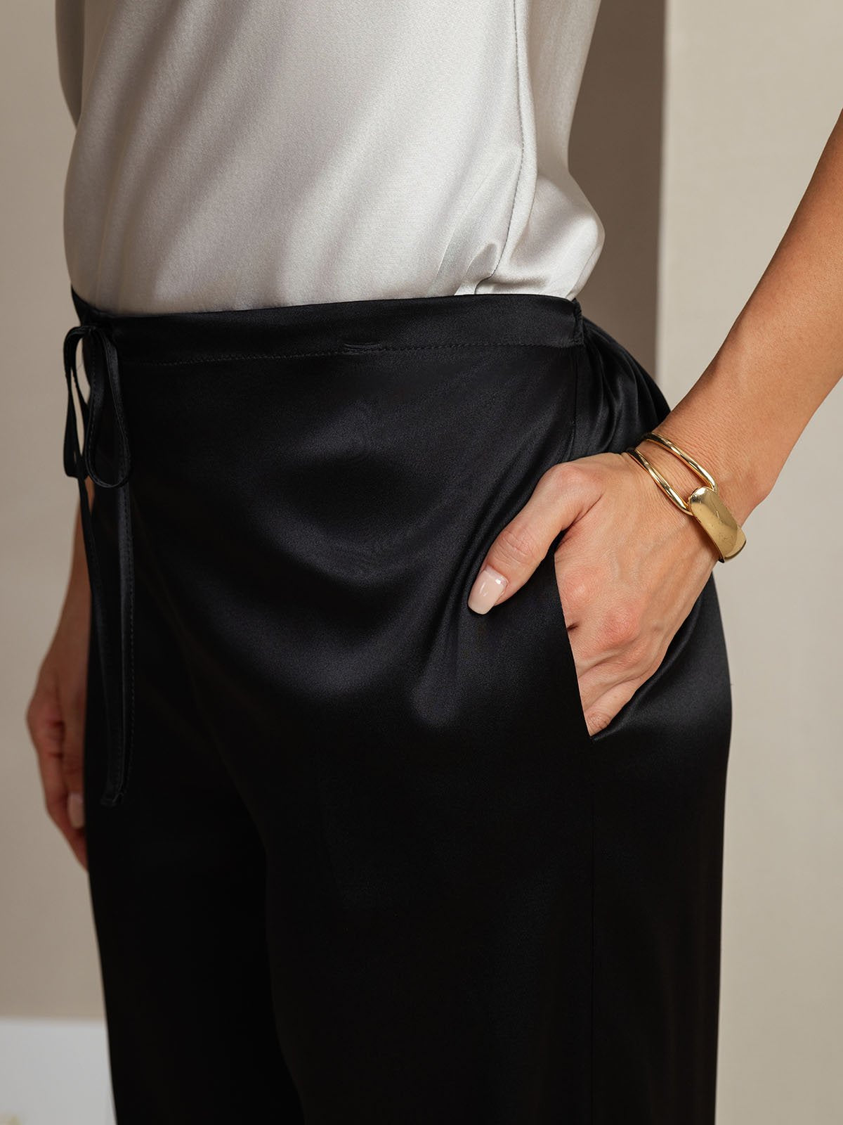 [Negro] SilkSilky-ES 19Momme Seda Womens Pants 005