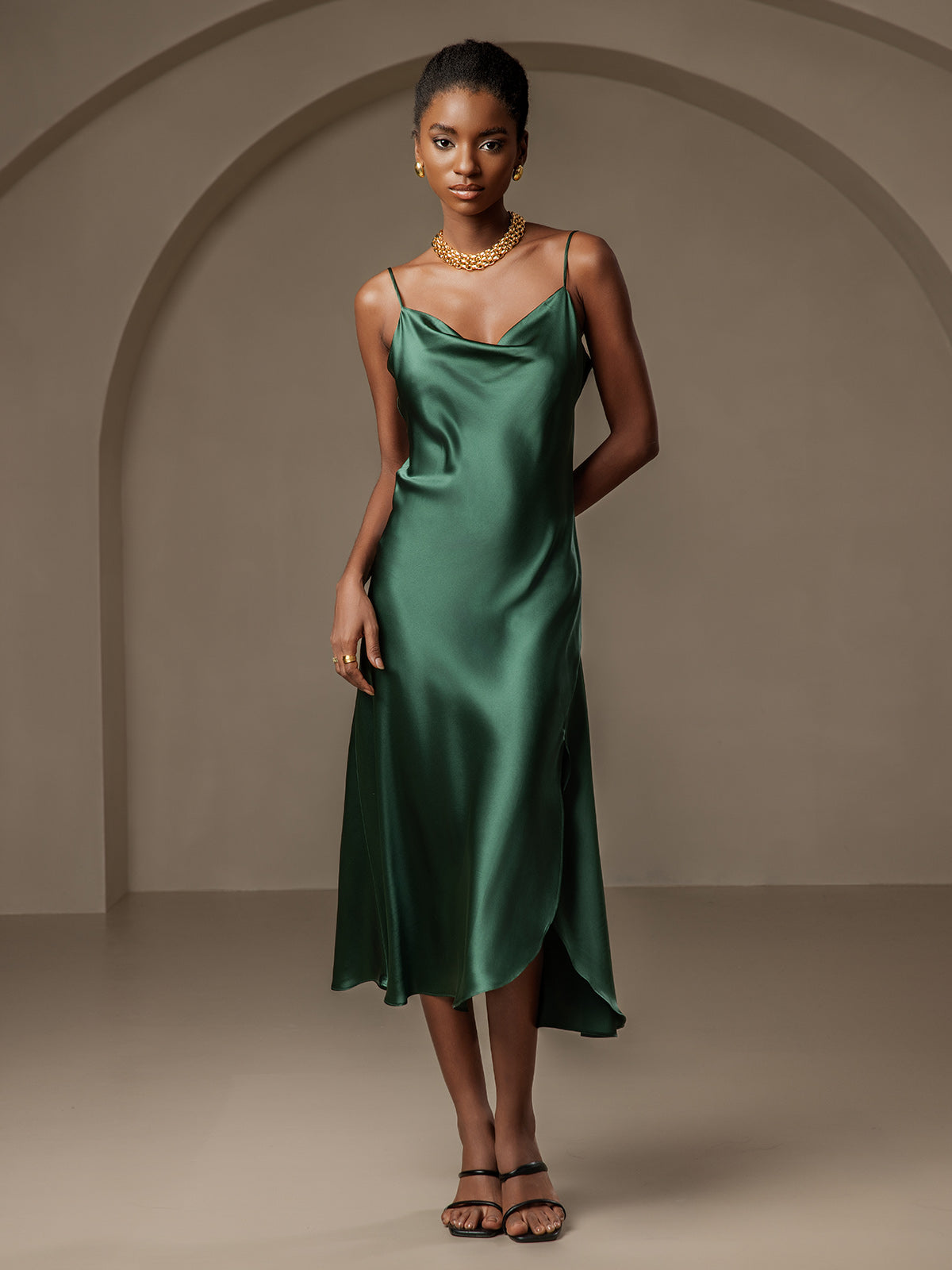 [Verde Oscuro] SilkSilky-ES 19Momme Seda Pura Escote Caído Vestido 001