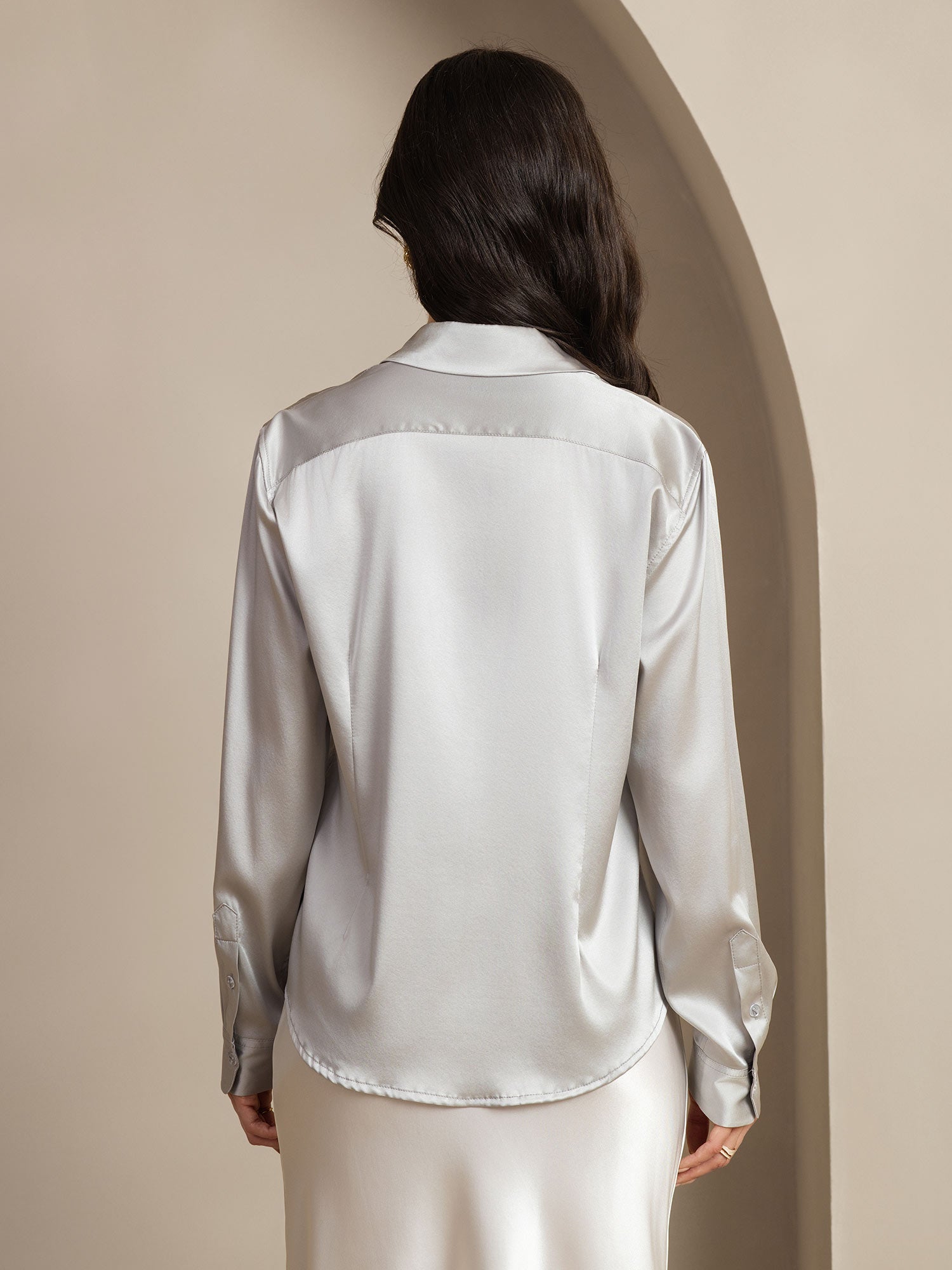 [Gris Claro] SilkSilky-ES Seda Manga larga Cuello Camisero Blusas de Mujer 002