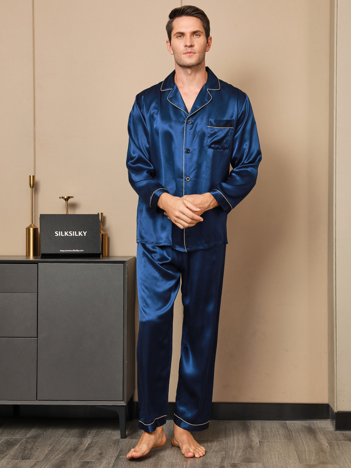 [Azul Oscuro] SilkSilky-ES 19Momme Seda Pura Mens Pajamas 004