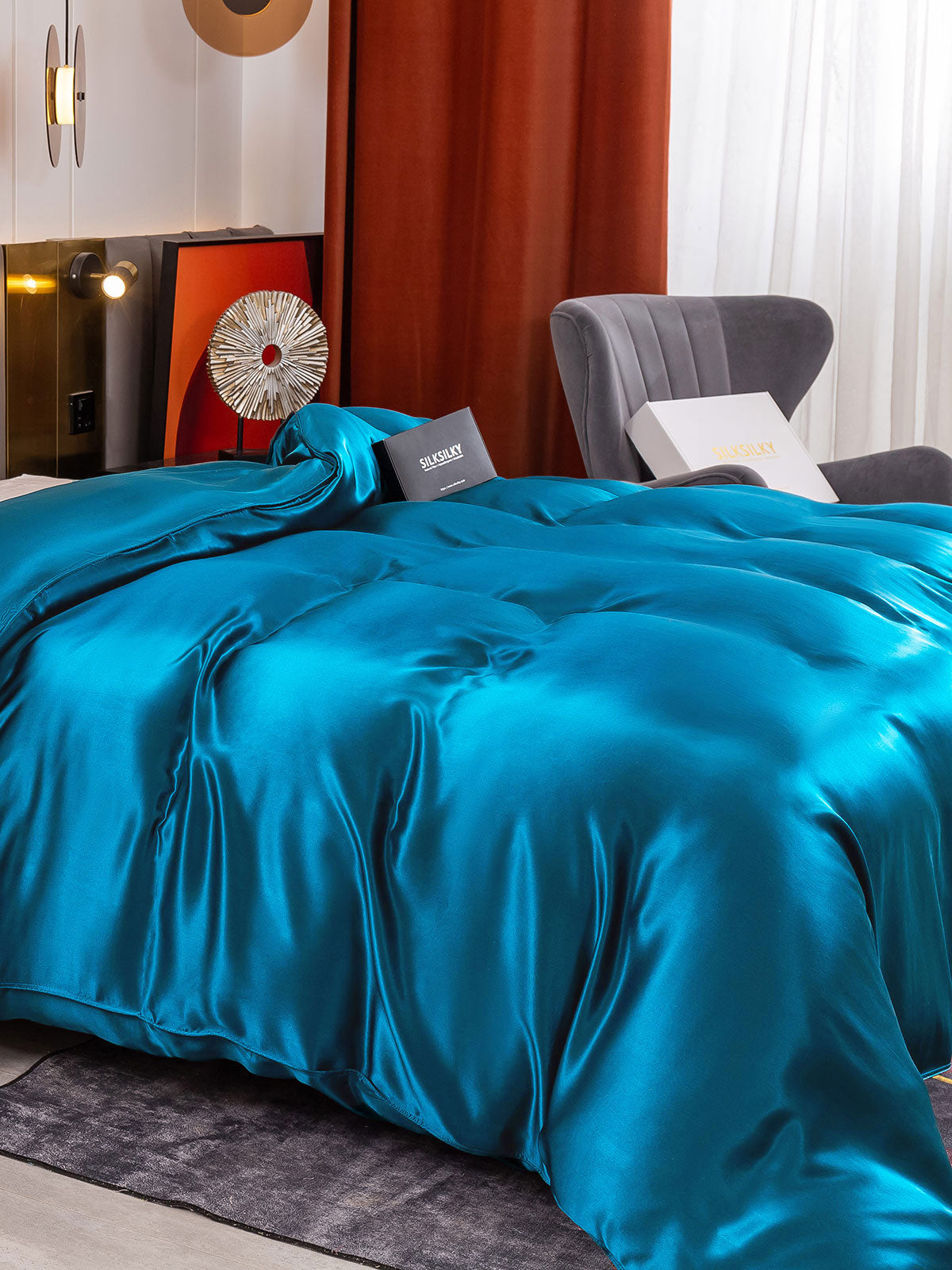 SilkSilky ES 19Momme Seda Pura Duvet Cover AzulReal 004