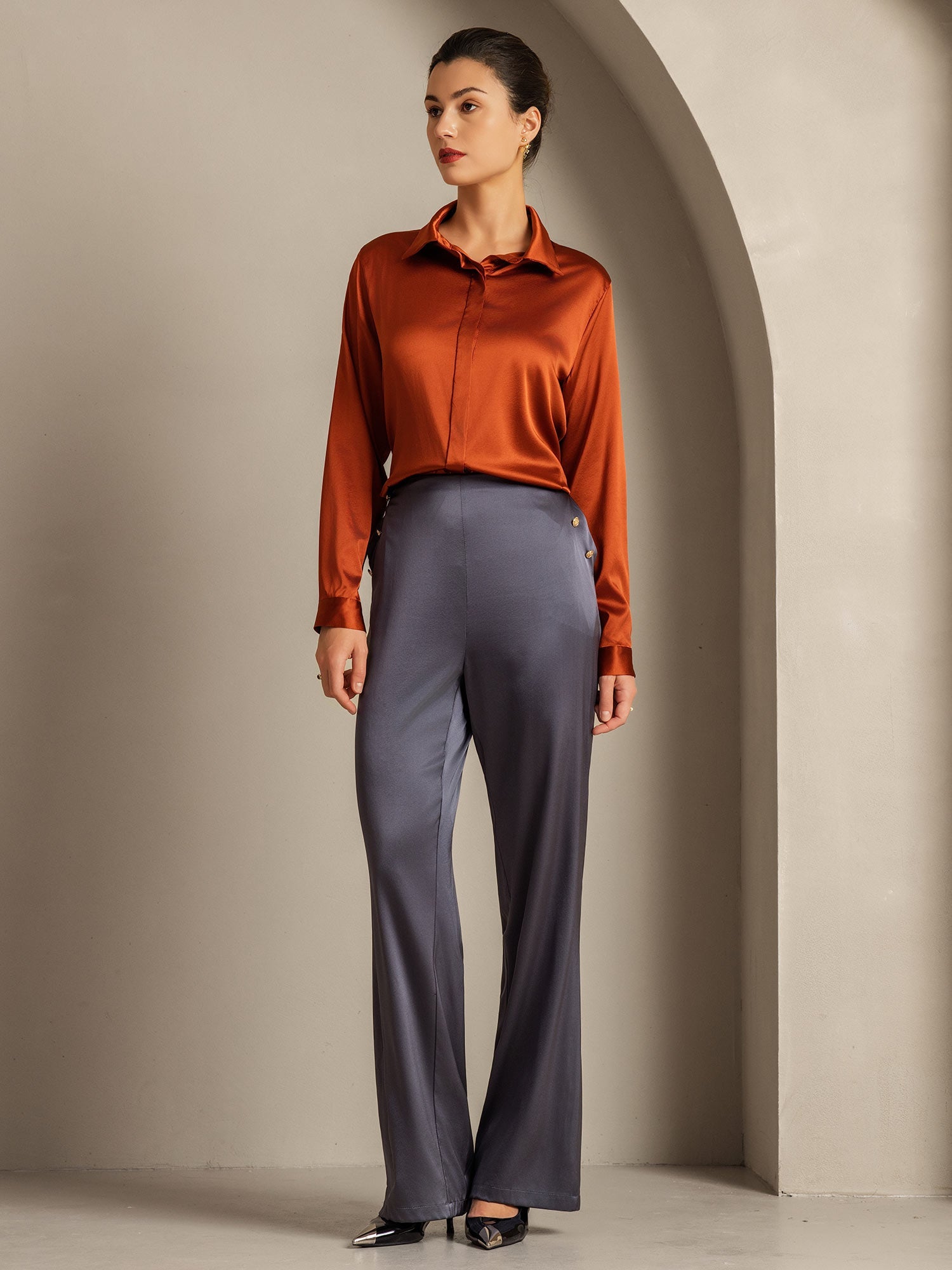 [Caramelo] SilkSilky-ES 19Momme Seda Manga larga Cuello Camisero Blusas de Mujer 009