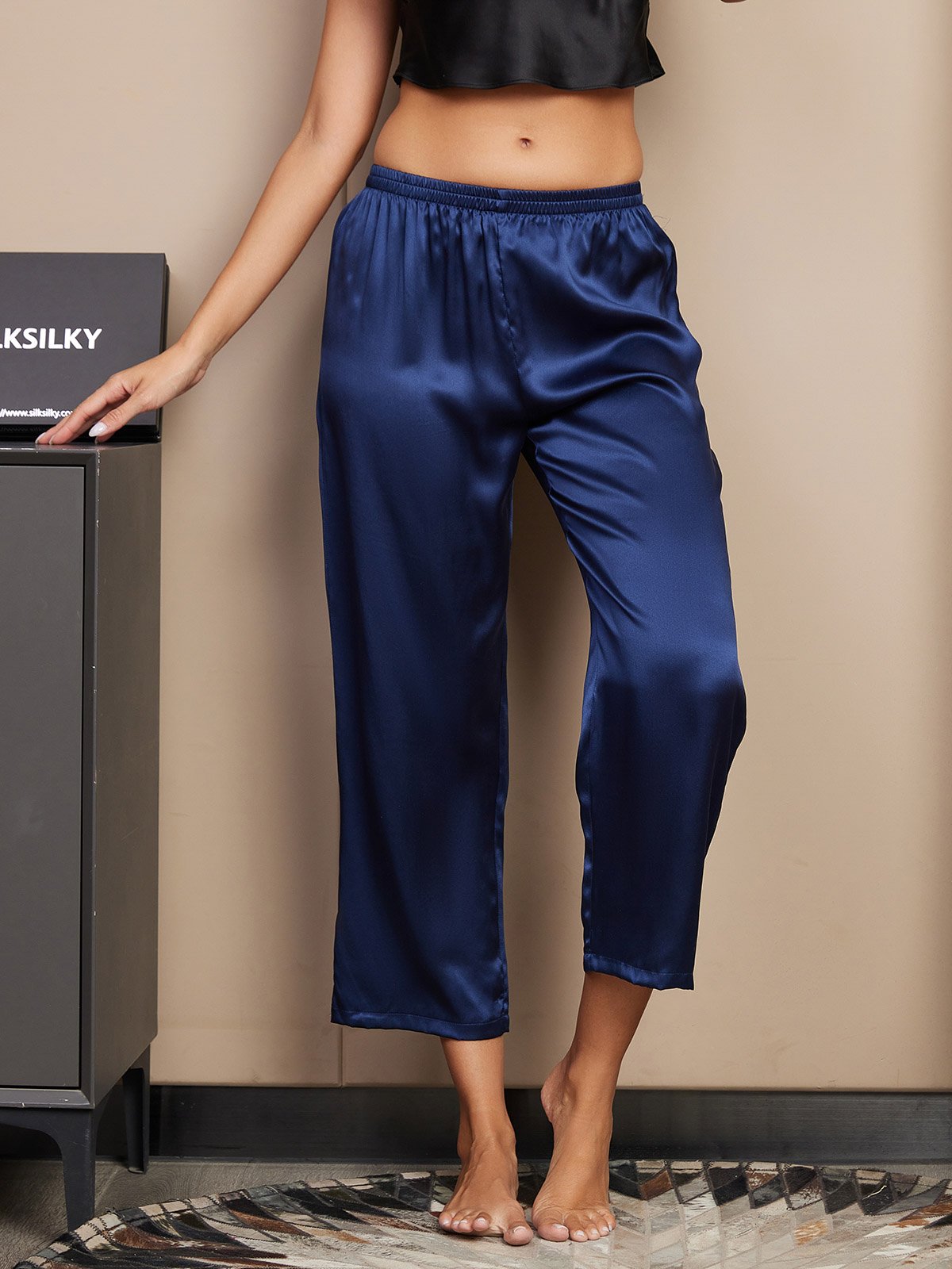 [Azul Oscuro] SilkSilky-ES Seda Pura Womens Sleep Bottoms 001