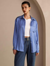 [Raya Diplomática Azul] SilkSilky-ES Long Sleeve Lapel Collar Blusas de Mujer 001