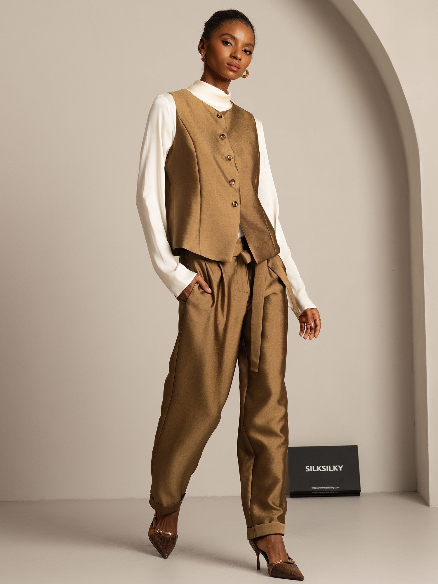 [Bronce] SilkSilky-ES 32Momme Silk-Wool Blend Womens Vest 007,