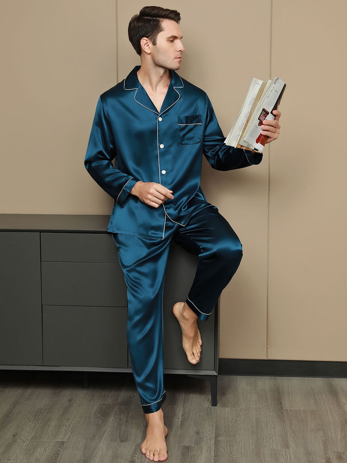 [Azul Real] SilkSilky-ES 19Momme Seda Pura Mens Pajamas 003